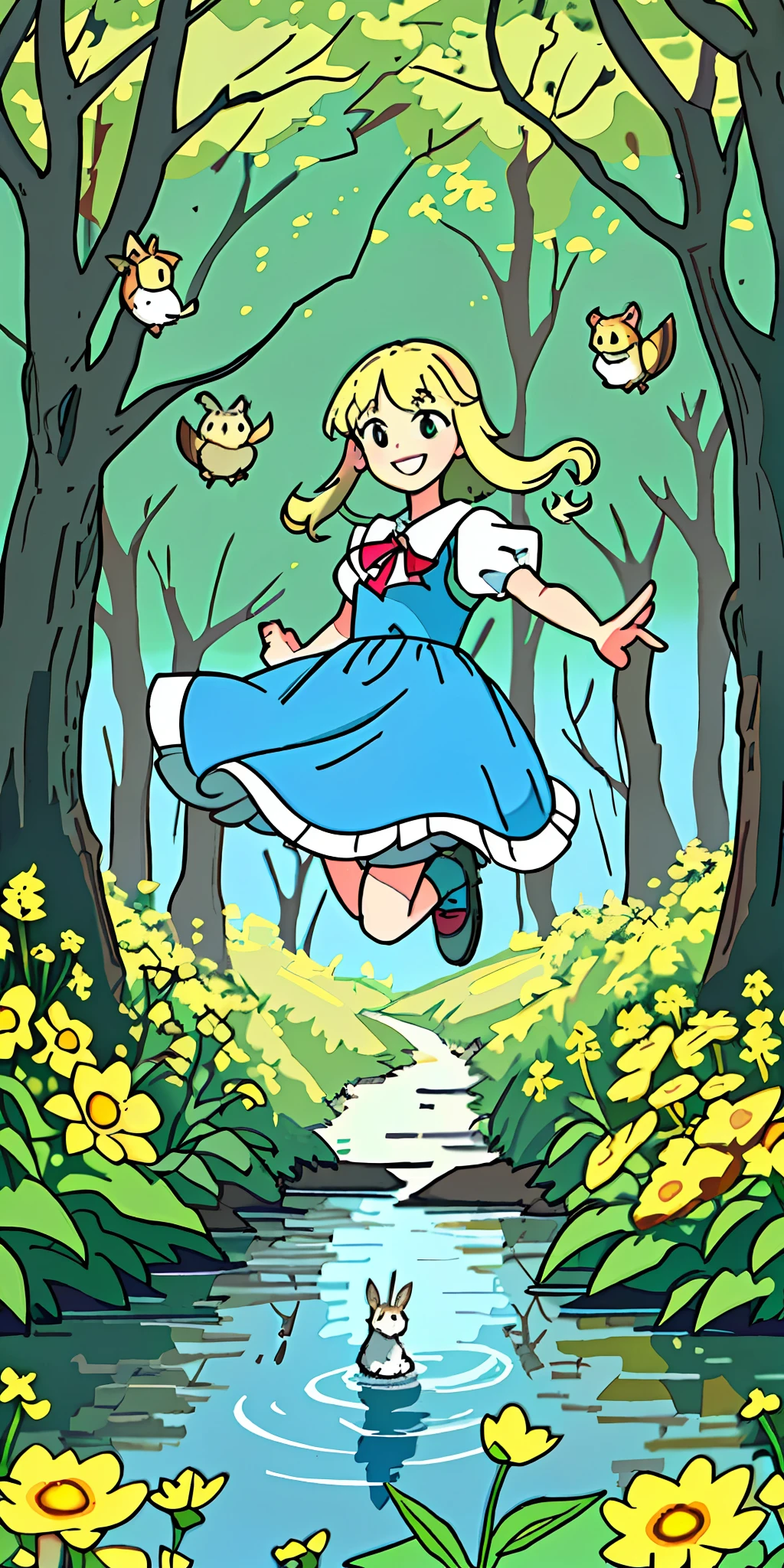 Best quality, masterpiece, blonde girl, Alice from Wonderland outfit, around animals, rabbits jumping, a squirrel leaning on your shoulder, owls watching, in a forest, with a lake in the center, full of trees, with a field of yellow flowers, smiling expression, girl jumping (well rendered, animals perfect anatomy) (flawless) (8k)