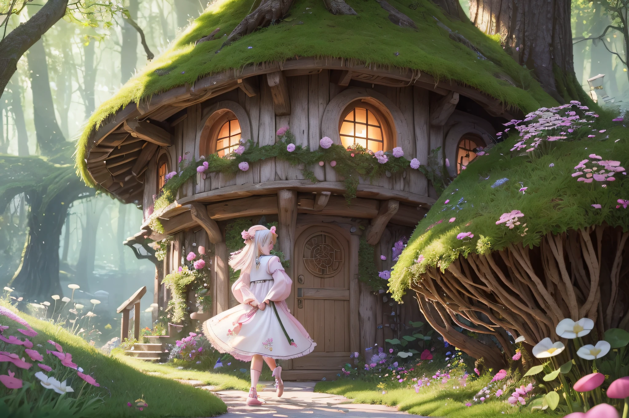 masterpiece, best quality, (8k wallpaper of extremely detailed CG unit), (best quality), (best illustration), (best shadow),( A mushroom house covered in moss and a girl with white hair, pink flowers all over her body and in her hair, white dress with pink details.strolling ahead) ,(((Fantasy))),(((spirit )),(((dew))),(timbó),(stream),firefly,clover, wtarlight surrounds room,petal,isometric 3d,octane rendering,ray tracing,ultra detailed,girl in focus vision highlight,vibrant colors --auto --s2