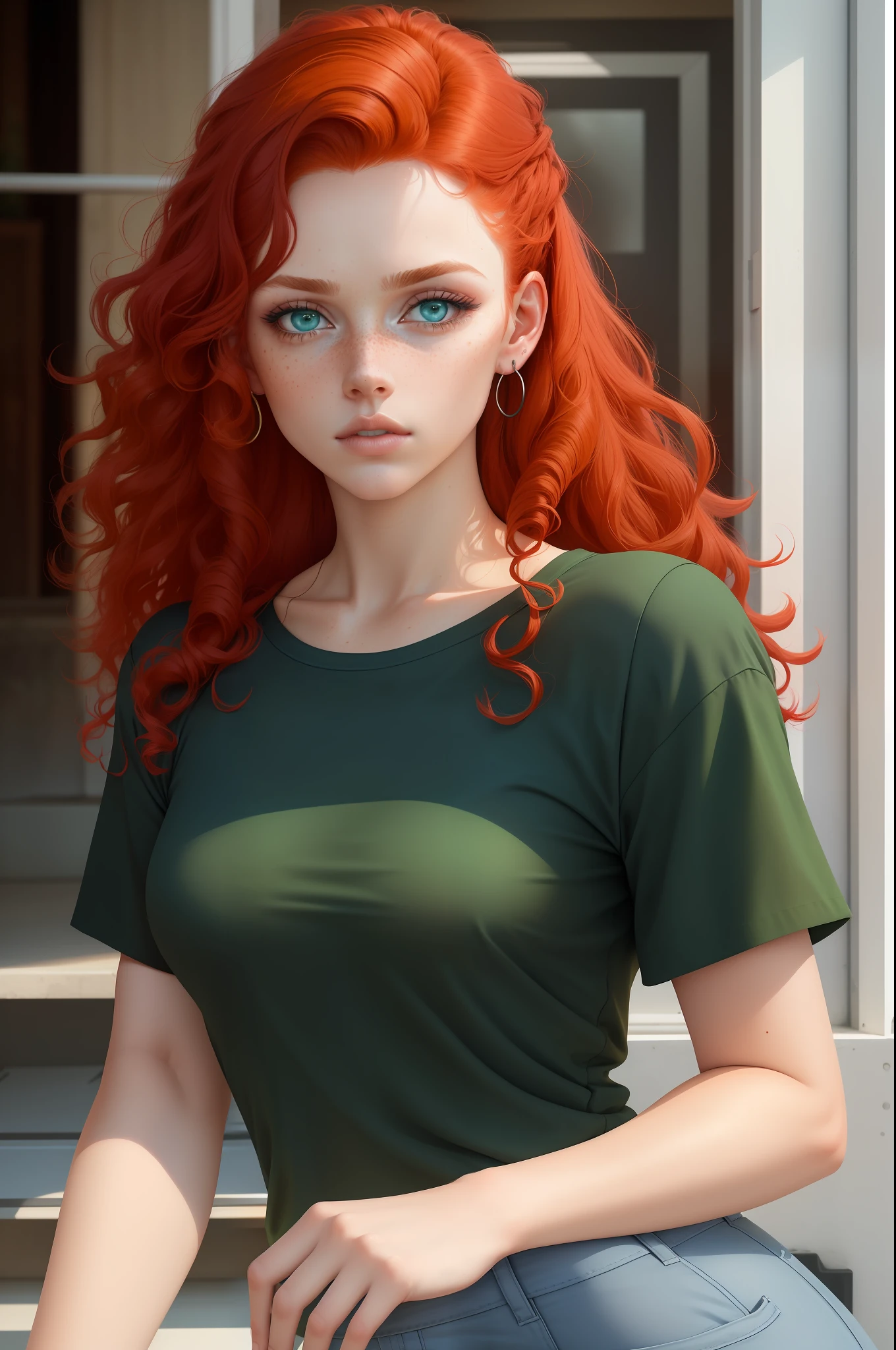 Aesthetic artwork, a woman, red hair, blue eyes, curly hair, freckles on both cheeks, full lips, sympathetic look, fair skin, green t-shirt, black jeans, small build,