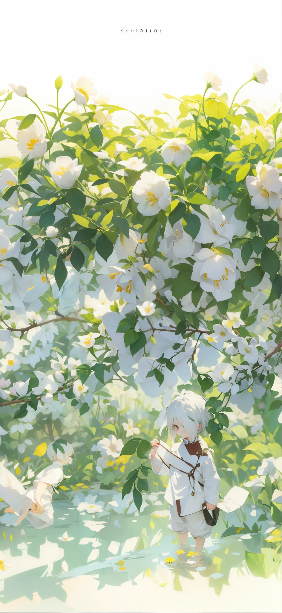 White-haired and barefoot little Shota walking in a sea of flowers