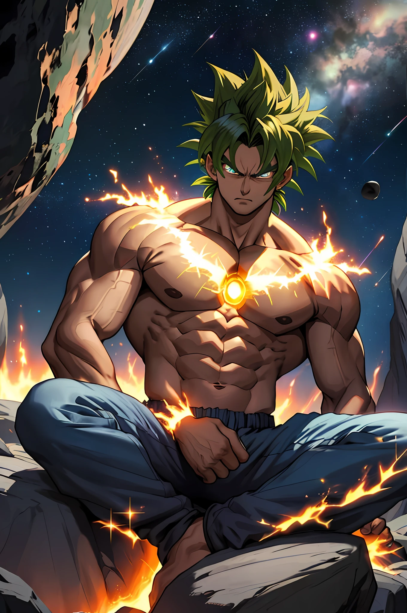 Draw a young Broly sitting on a rock in the middle of an asteroid belt. He's shirtless and wearing pants based on Dragon Ball Super Broly. It is surrounded by several exploding asteroids and glowing with auras of fire. The dramatic lighting of distant explosions illuminates the scene, casting deep shadows on the costume. The young man looks angry, staring at the vast and mysterious universe. Detailed eyes, with pupils.