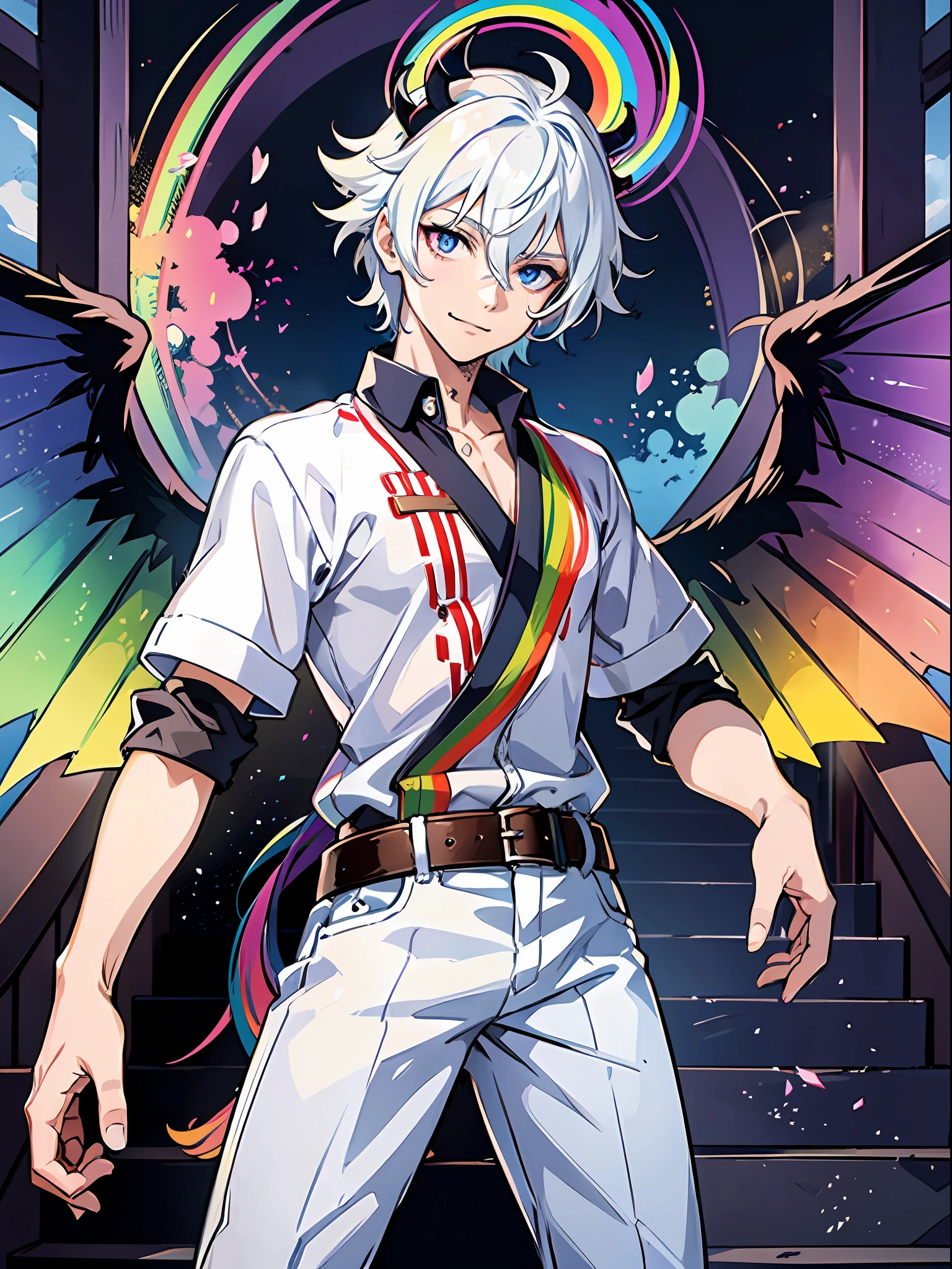(((evil))), wings, (((Rainbow))), Rainbow Colored Eyes, rainbows, blue and white shirt, white pants, cult leader, the main character, (1boy), (1male), (((male))), looking at the viewer, good hands, five fingers, ((rainbow eyes)), rainbow, staircase, heaven, angels with horns, vibrant, colorful, amazing quality, better fingers, five fingers, detailed hands, detailed eyes, masterpiece, best quality, anime style, Akaza, best feet, best hands, absurd resolution, anime screencap, 1boy, standing, white hair, tall, full body, short hair, in the style of demon slayer, rainbow eyes, outside, moon in the sky, pagoda, high resolution, looking at the viewer, determined, in a fighting stance, edo period, masterpiece, best quality, sharp, anime screencap, detailed eyes, smiling