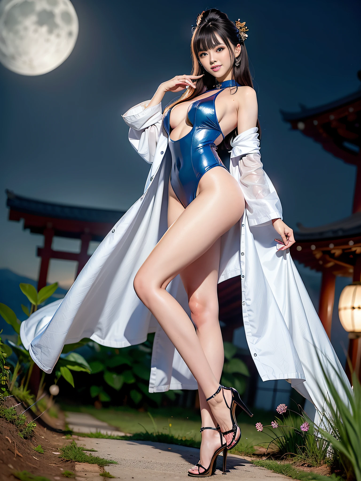(night view:1.5),(8k, RAW portrait of a beautiful girl, ultra high res, best quality, masterpiece:1.2), photorealistic,absurd res, 1 girl,21 yo, japanese girl,beautiful face,medium breasts,brown medium hair,updo,smile,delighted, cheerfulm, woman in white robe poses for photo, renmei, tumbler, mingei, big, beautiful clothes, tang mo, voracious vegetation, photo, cute woman, slender legs, blue competition swimsuit, shiny outfit, sandals, high heels, height 165 cm,