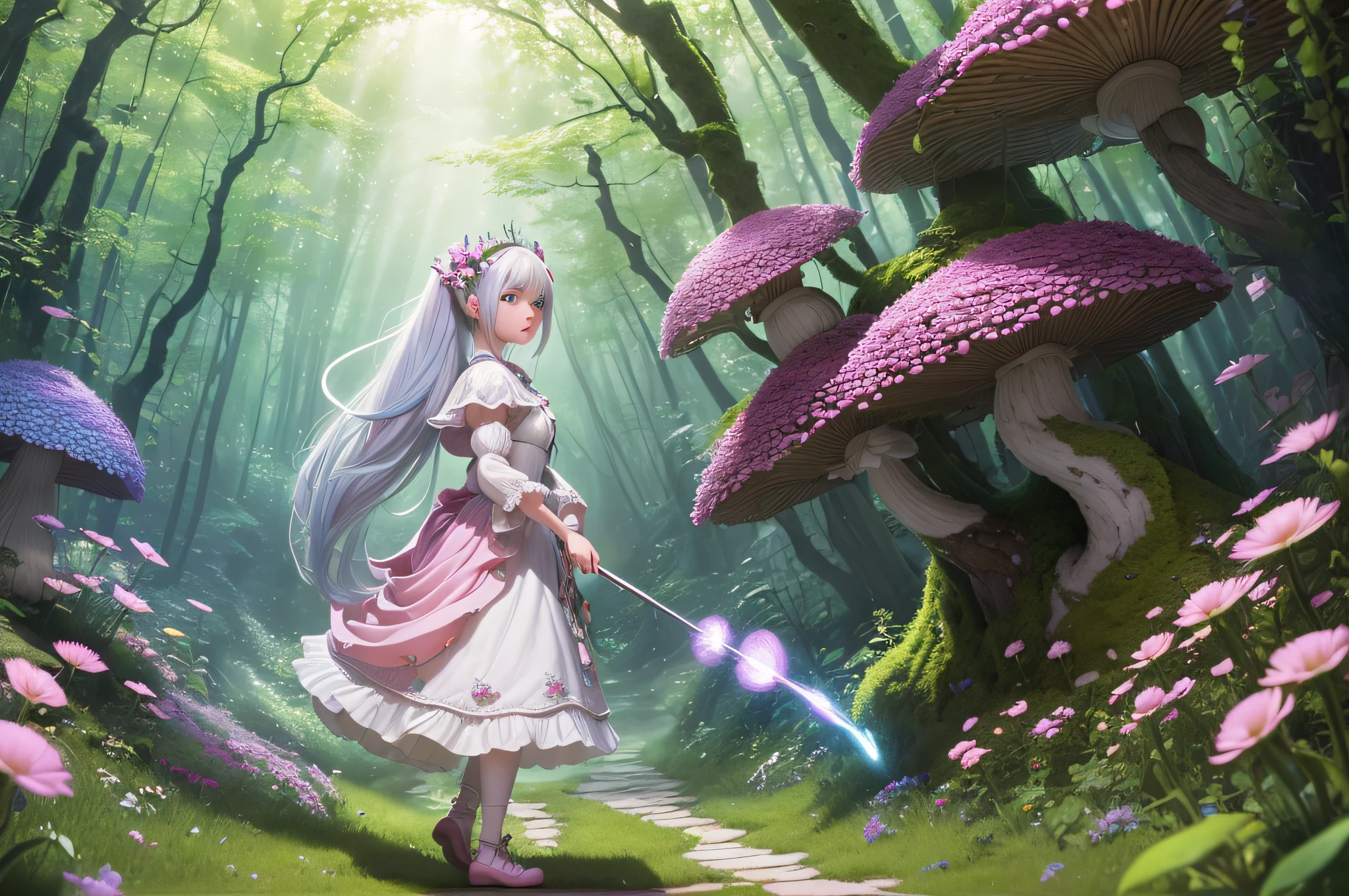 masterpiece, best quality, (8k wallpaper of extremely detailed CG unit), (best quality), (best illustration), (best shadow),( A mushroom house covered in moss and a girl with white hair, pink flowers all over her body and in her hair, white dress with pink details.strolling ahead) ,(((Fantasy))),(((spirit )),(((dew))),(timbó),(stream),firefly,clover, wtarlight surrounds room,petal,isometric 3d,octane rendering,ray tracing,ultra detailed,girl in focus vision highlight,vibrant colors --auto --s2