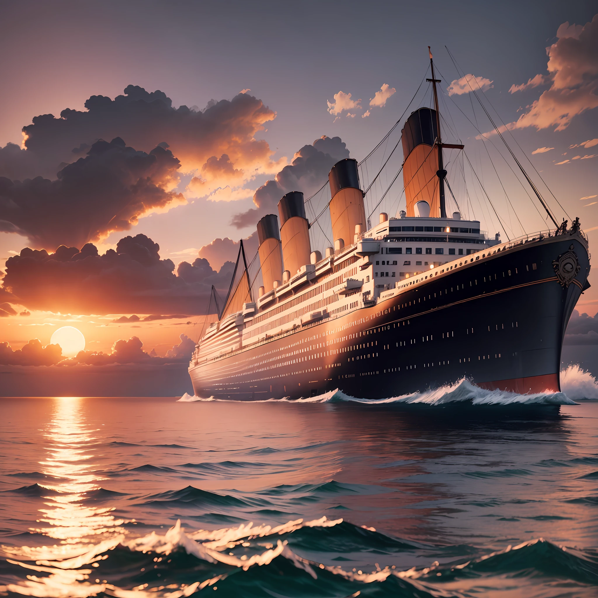 Titanic ship at sea. Detail of the sunset. hyperrealistic, 4k, high definition. --auto --s2