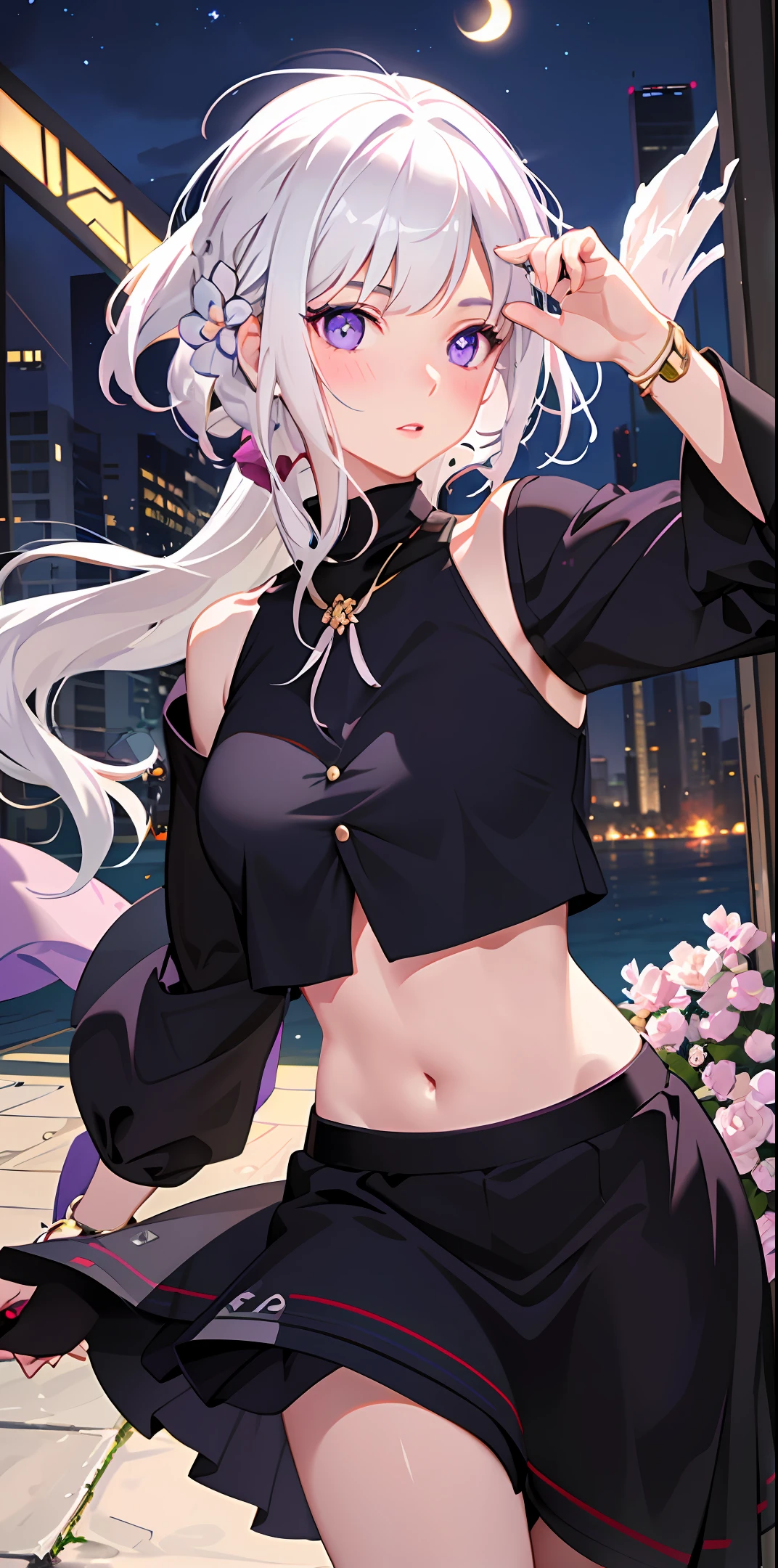 realistic, 1girl, white hair, purple eyes, glowing eyes, crop top, skirt, parted lips, blush, night, flowers, sun, sunlight,