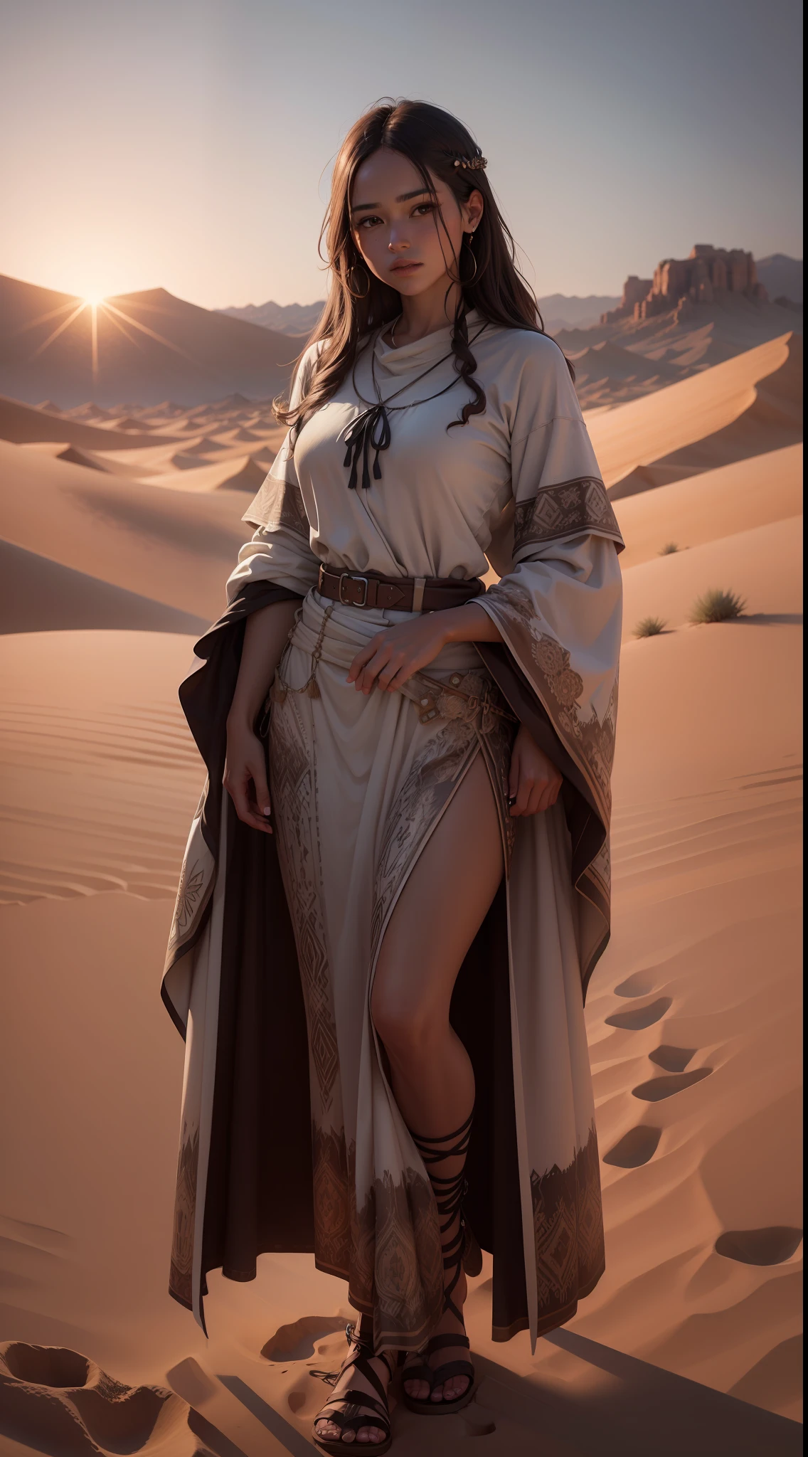 image of jesus in the desert at sunset, depth of field, (insanely detailed: 1.5), full body photography, 20 mega pixels, detailed skin, soft lighting, masterpiece, best quality, intricate, mapped tone, highly detailed, artstation, concept art, smooth, sharp focus, highly detailed art, cinematic, hyper realistic painting, 8K, amazing shadows, realistic, (highly detailed background: 1.0)