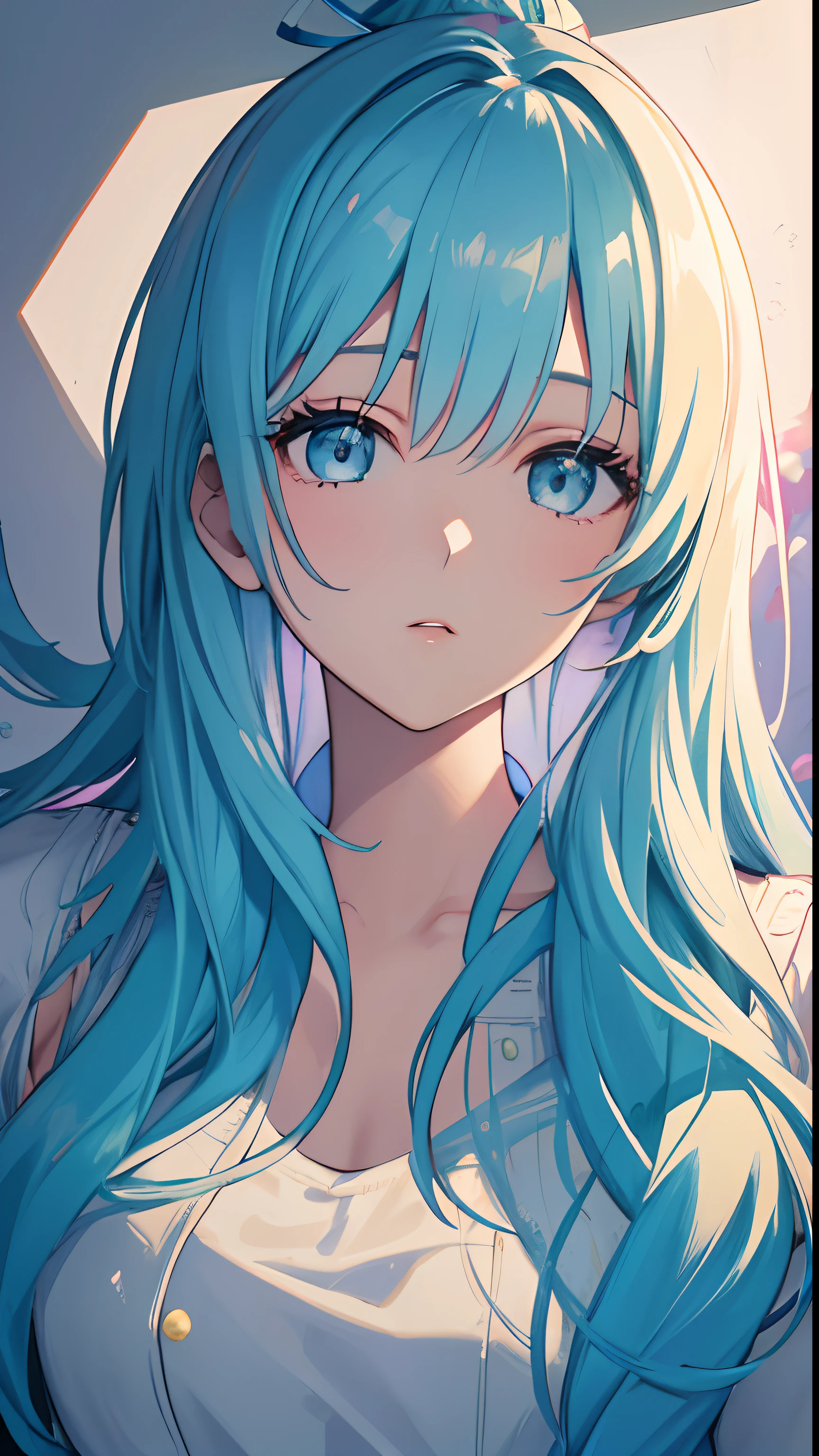 (masterpiece), (best quality), (ultra detailed),(disheveled hair),(illustration), (1girl), (Fashionable clothing), standing, Fashion model, looking at viewer, (interview), (simple background),beautiful detailed eyes, delicate beautiful face, Floating,(high saturation),(colorful splashes),colorful bubble,(shining), focus on face, ponytail, kamisato ayaka, light blue hair, bangs, hair ring, floating flowers, floating hairs, (shining), best lighting, best shadow,