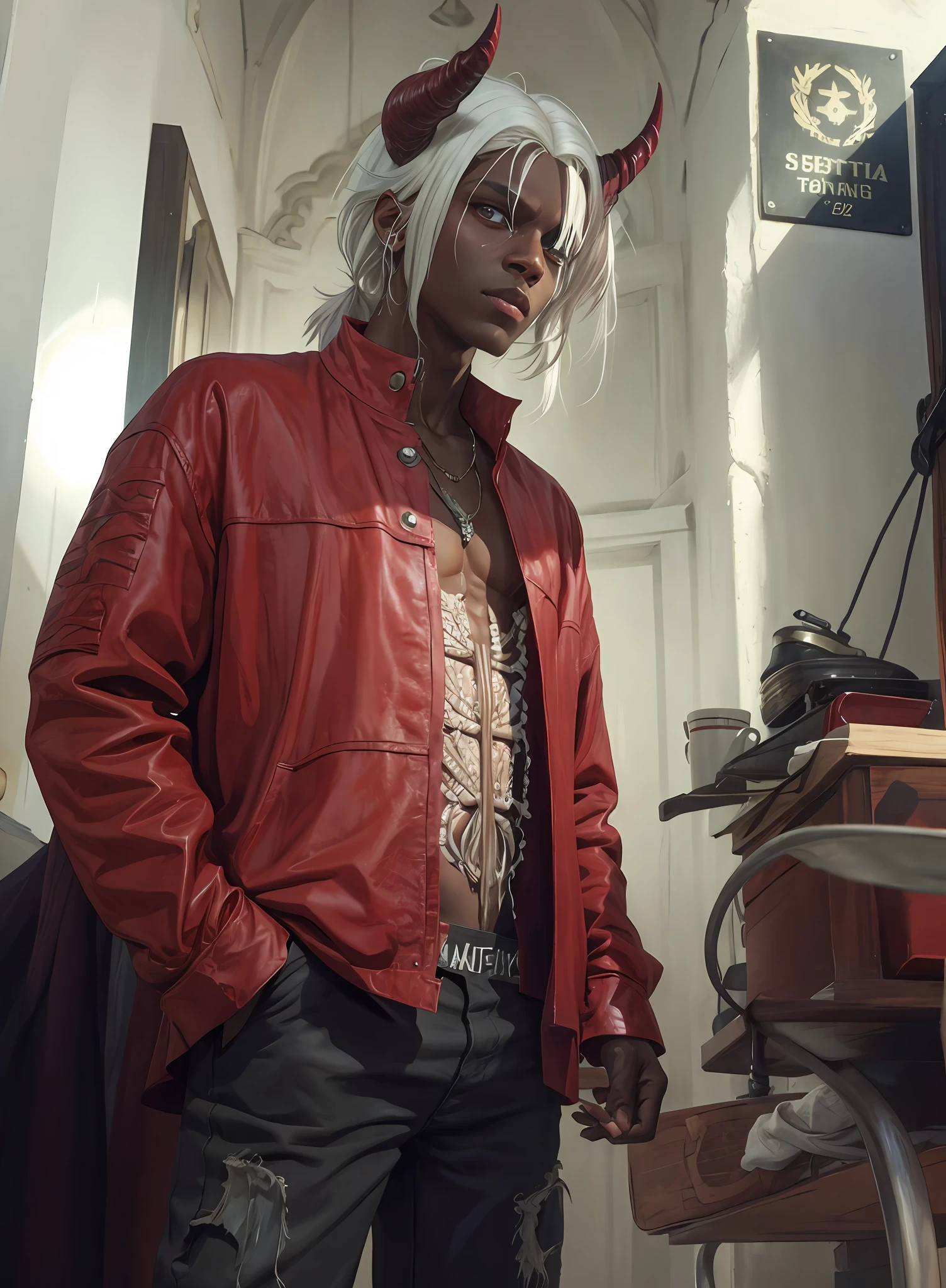Demon boy, straight white hair, brown skin,Realistic ,4k