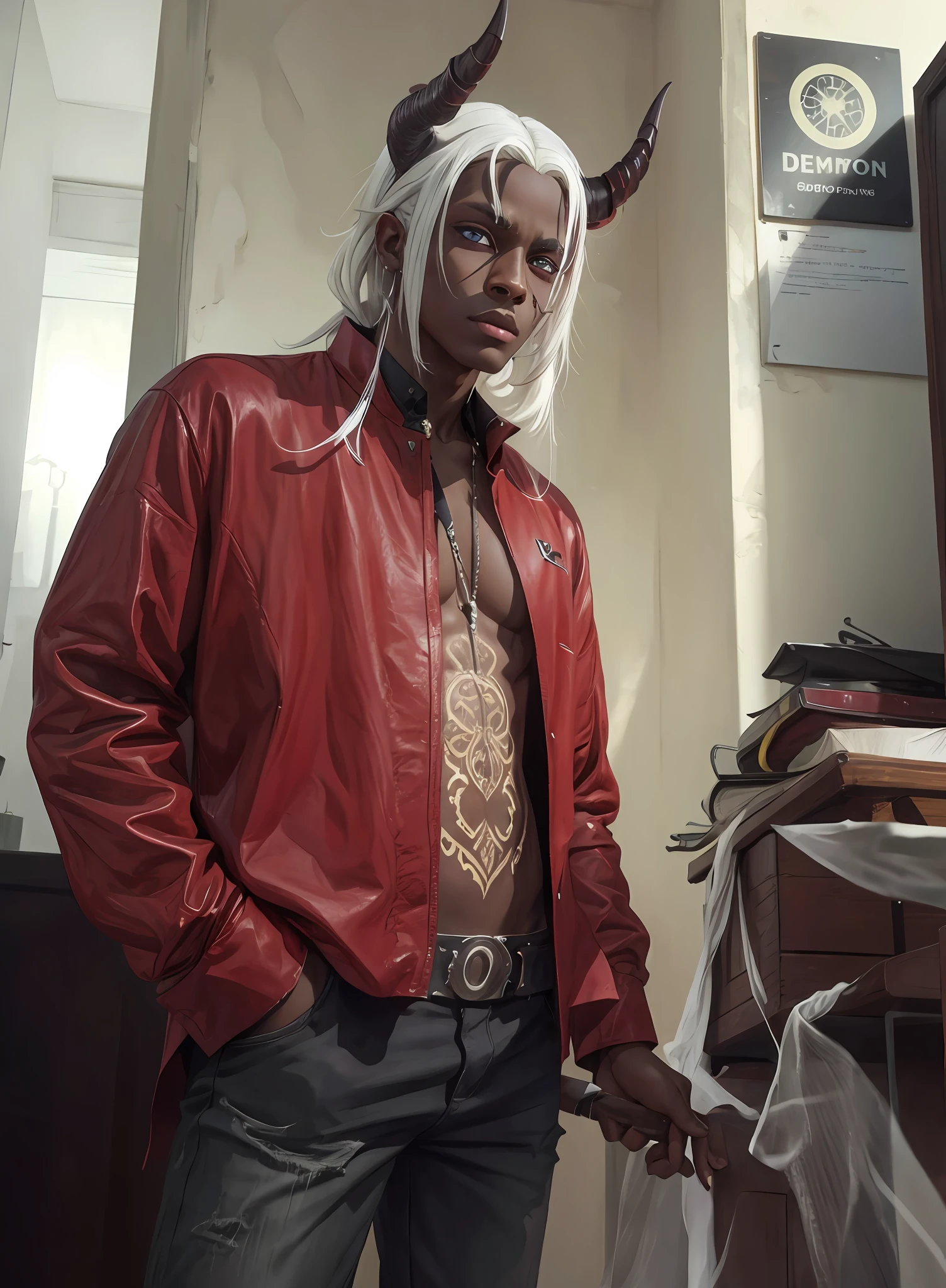 Demon boy, straight white hair, brown skin,Realistic ,4k