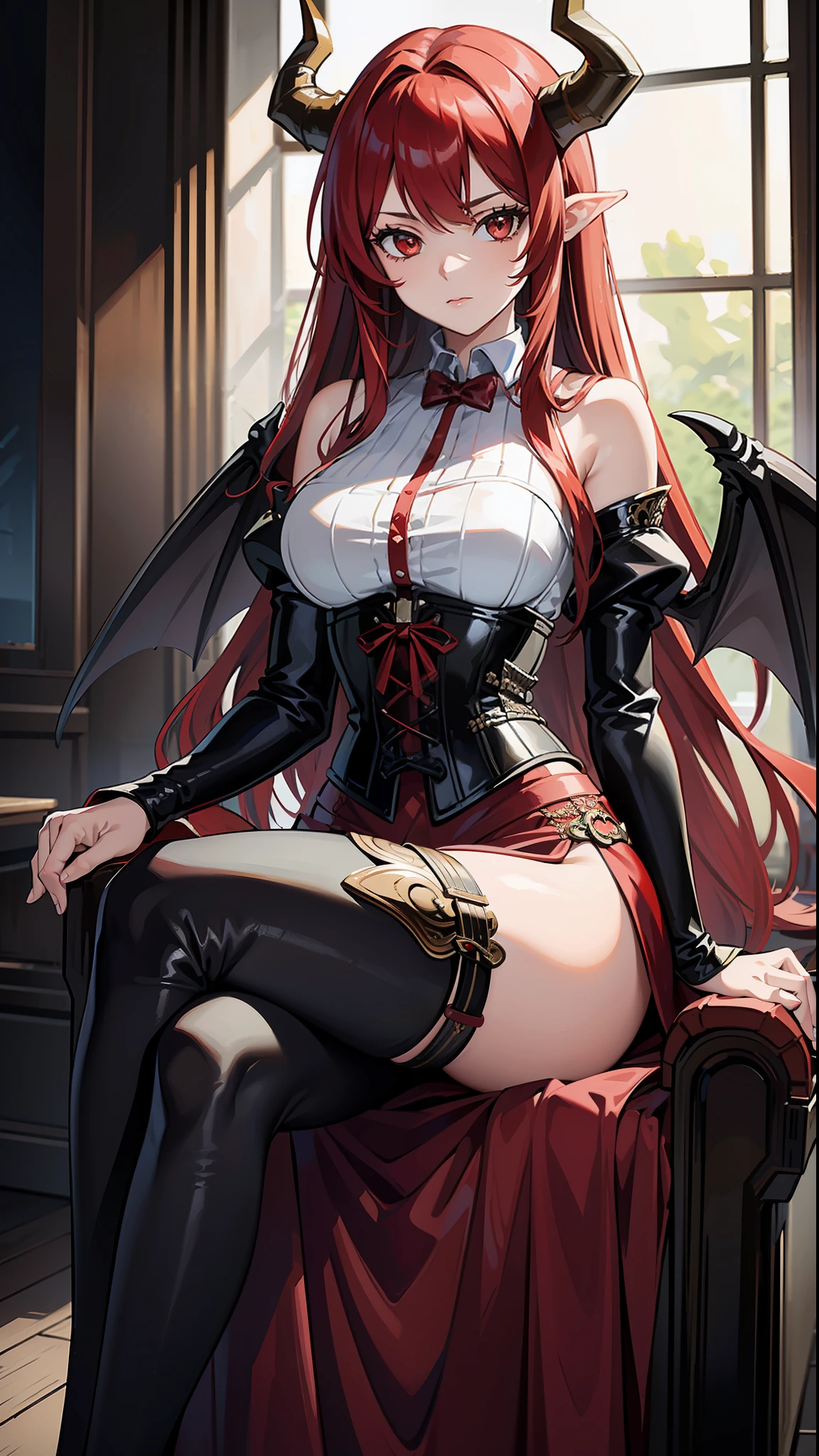 ((Best quality)), ((masterpiece)), (highly detailed:1.3),a woman long red hair, bangs, demon queen sitting on the throne horns wings corset of extremely brave leather