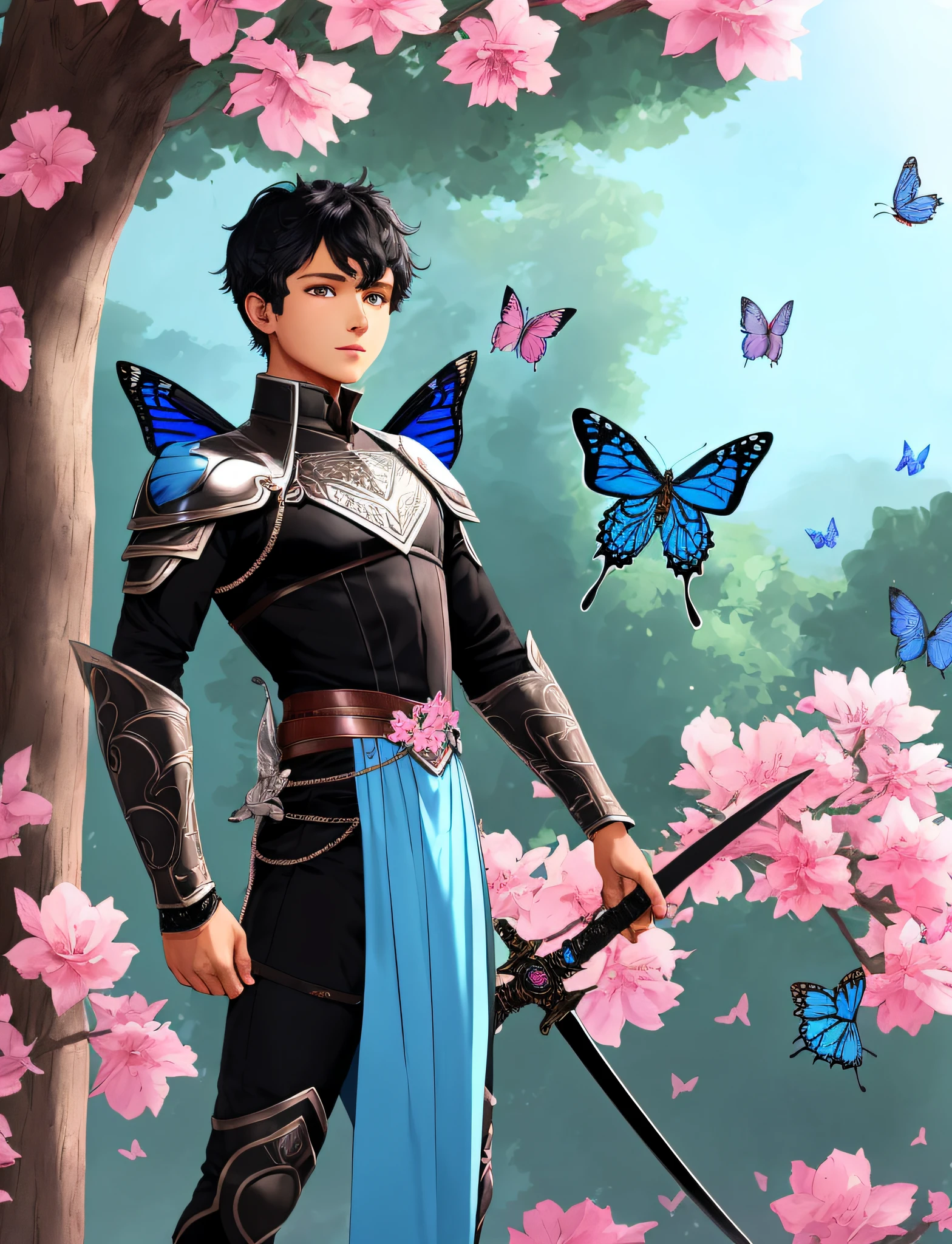 ( detailed description ) (best quality) humanoid boy, light blue skin, brown eyes and with butterfly wings, with black hair, with a sword in hand (detailed background) large trees with pink leaves with hanging red flowers, black butterflies flying