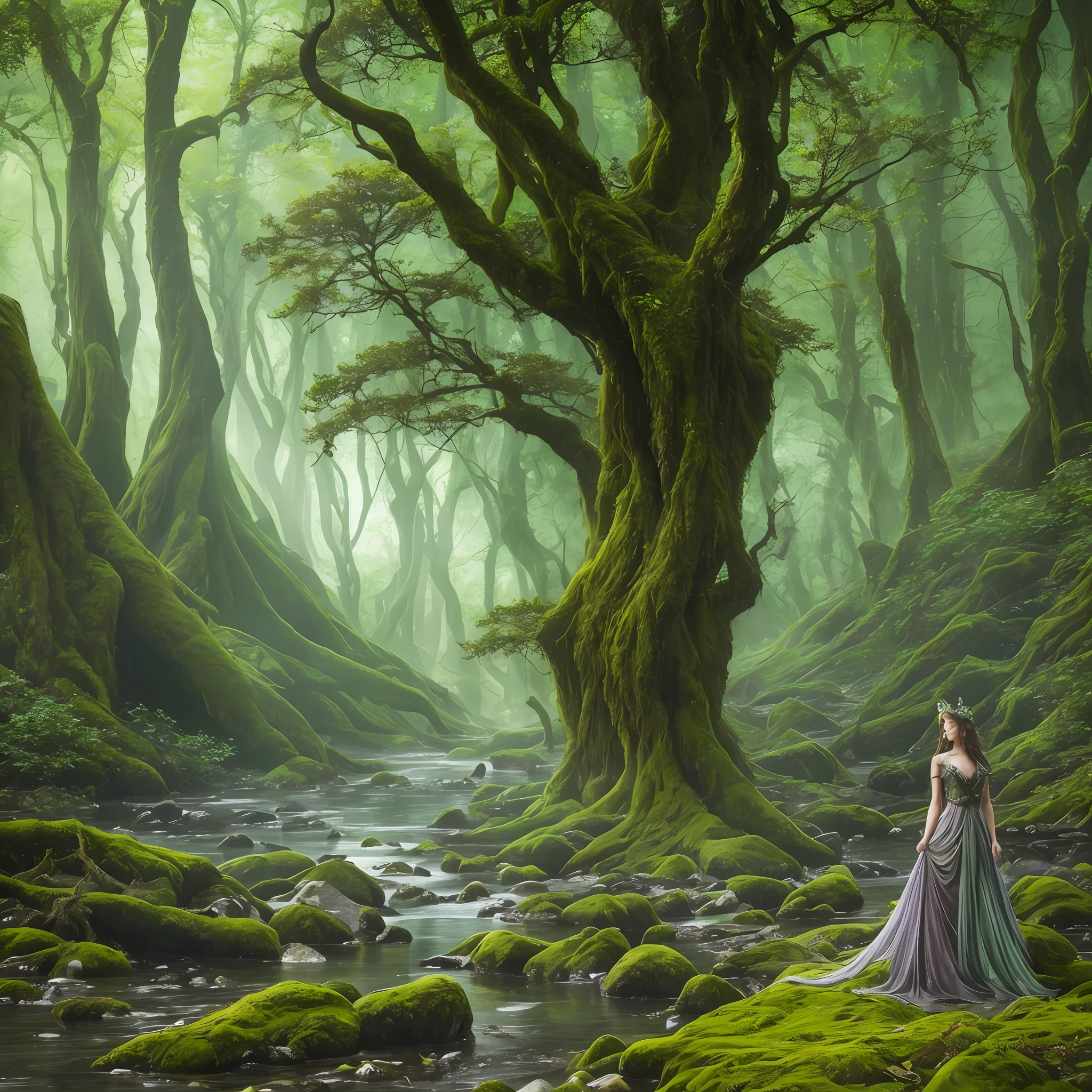 The dryads of the forest, mystical dryad women, beautiful and alluring, fantastical, amazing landscape scene of a mystical and magic forest, dim atmosphere with light filtering through the trees, amazing landscape, breathtaking view, a still glacial pond in a mossy forest, long exposure photography --auto --s2