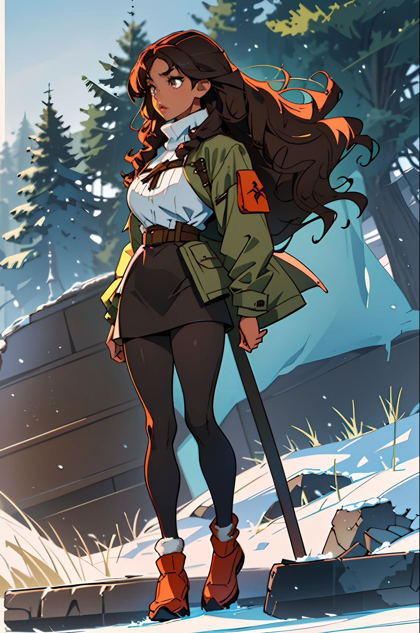 A beautiful and sophisticated woman, wearing winter clothes, long curly hair, a woman with brown skin, full body, large breasts covered,