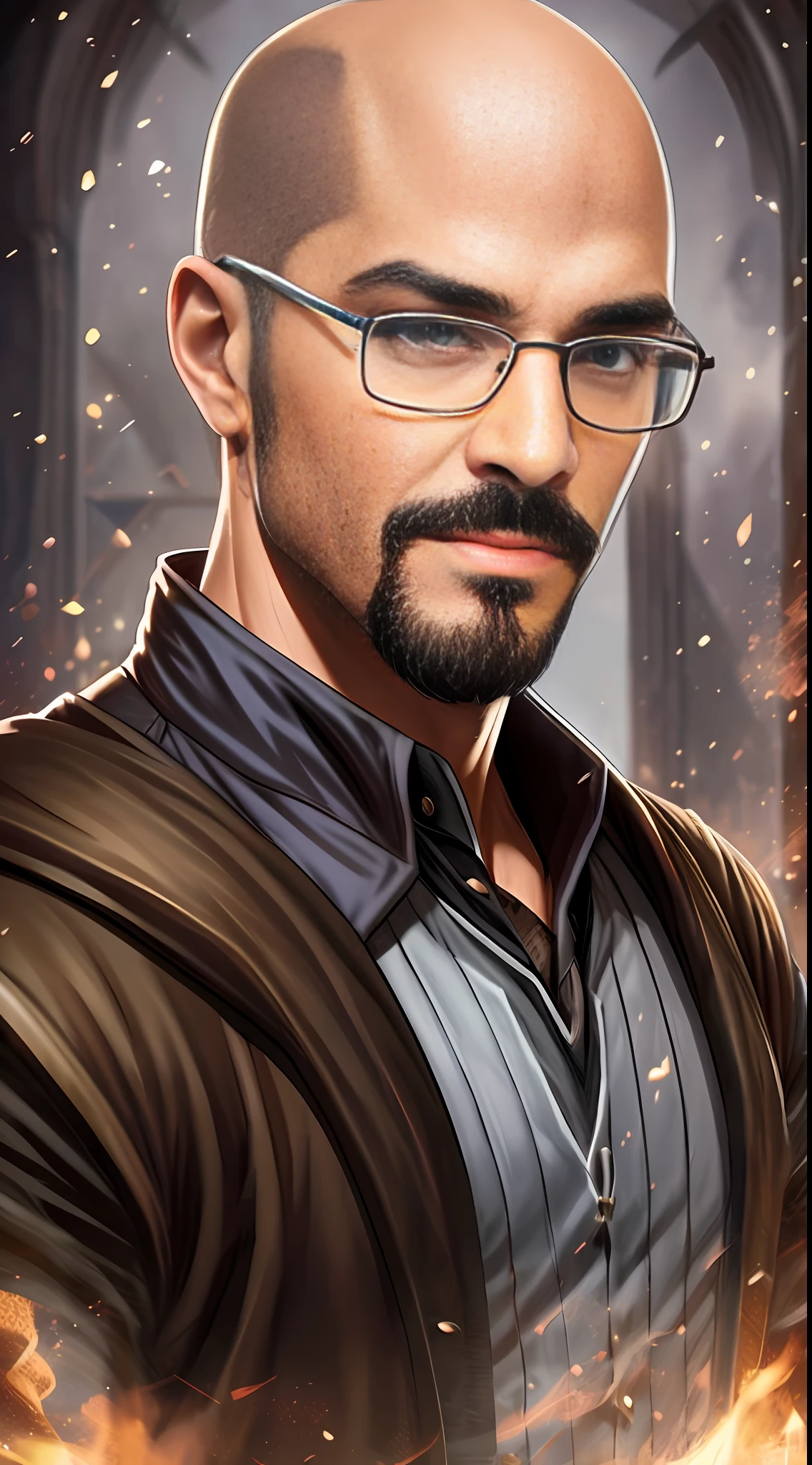 Portray a RPG Master, man, bald, goatee, brown eyes, NERD glasses, smart! Powerful! Nerd! Add elements of D&D, very powerful, HD quality, photo-realism, magic light, D&D character style, D&D book character, D&D Character. --auto --s2