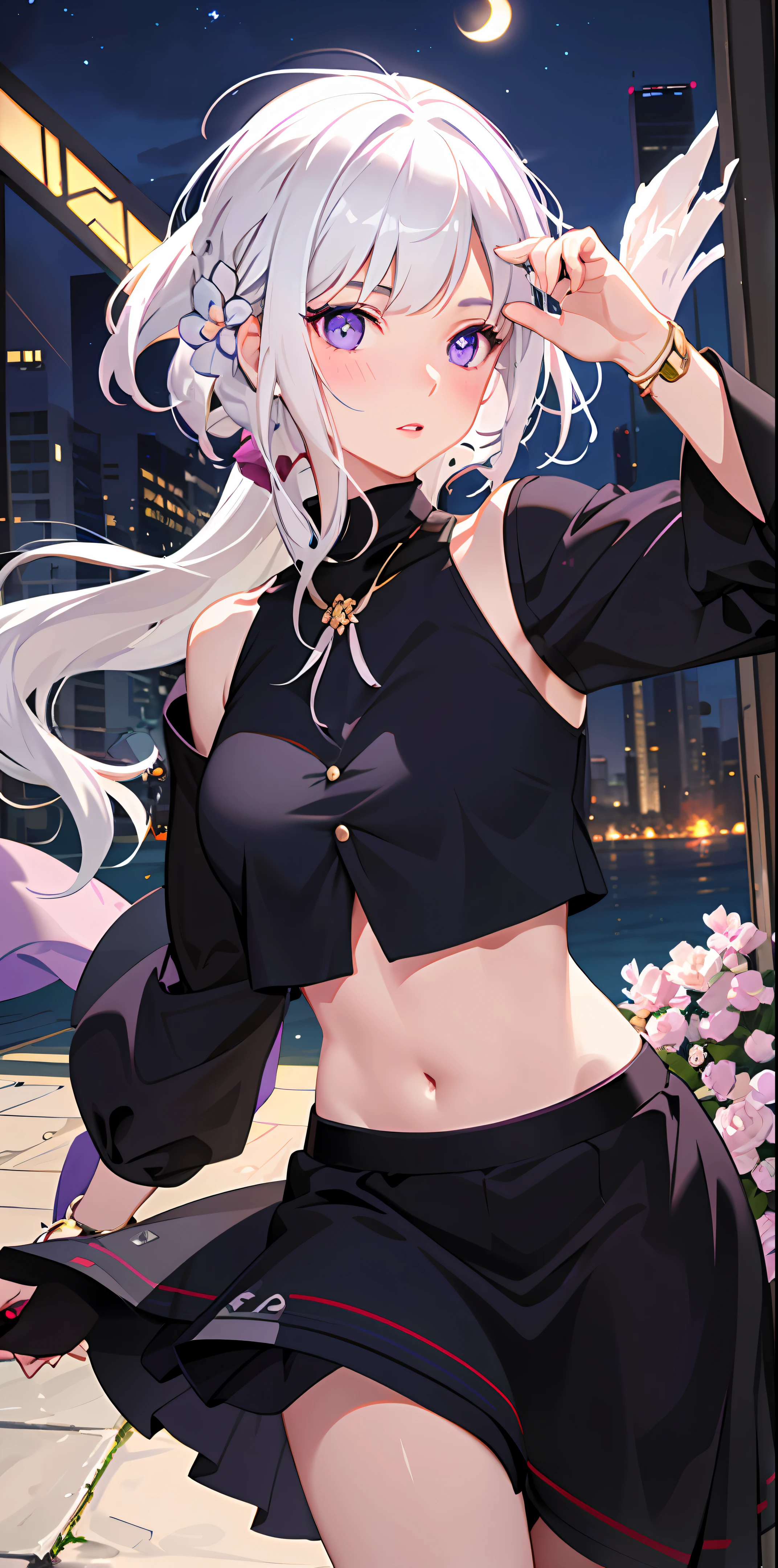 realistic, 1girl, white hair, purple eyes, glowing eyes, crop top, skirt, parted lips, blush, night, flowers, sun, sunlight,