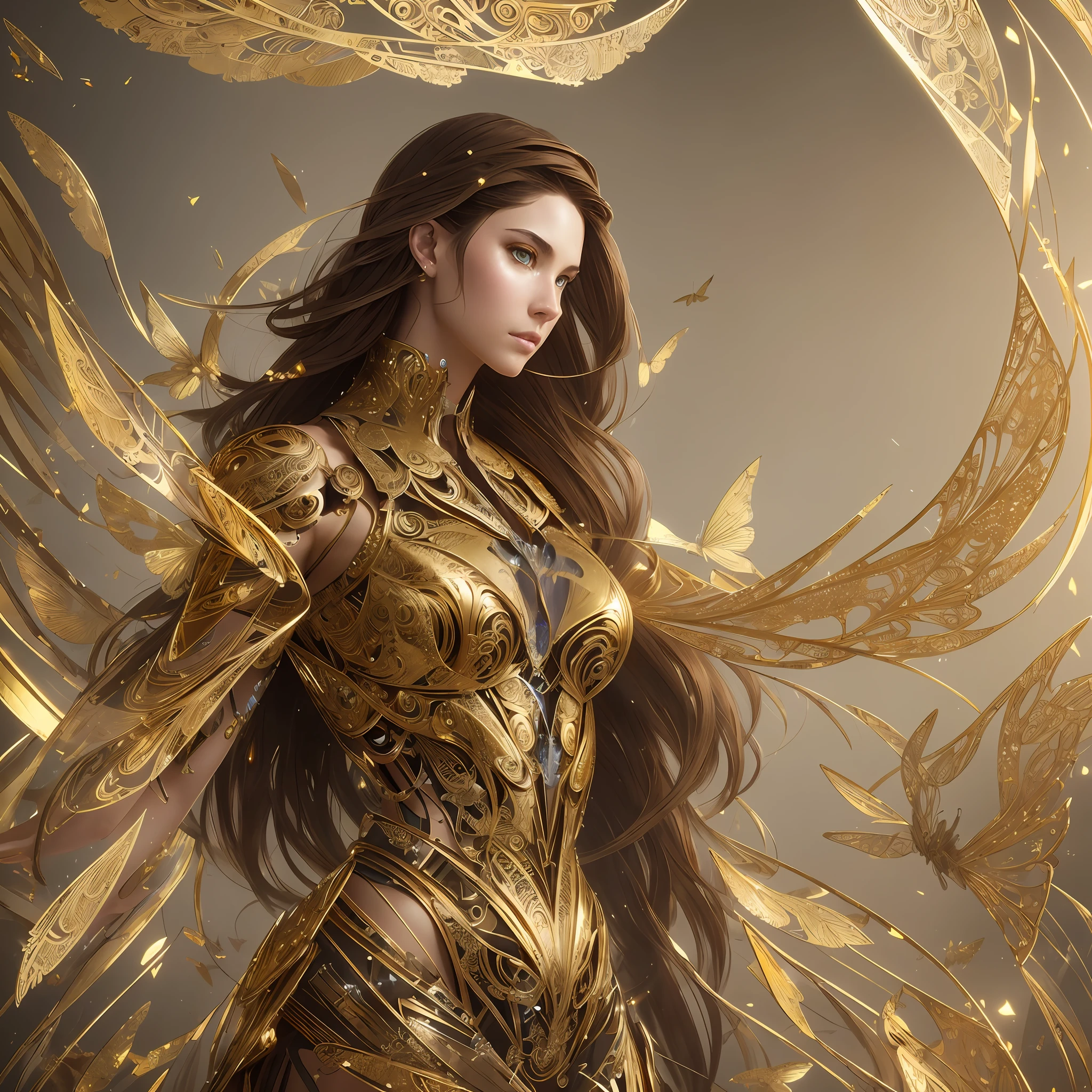 full body, 8k portrait of beautiful cyborg with brown hair, intricate, elegant, highly detailed, majestic, digital photography, art by artgerm and ruan jia and greg rutkowski surreal painting gold butterfly filigree, broken glass, (masterpiece, sidelighting, finely detailed beautiful eyes: 1.2), hdr,