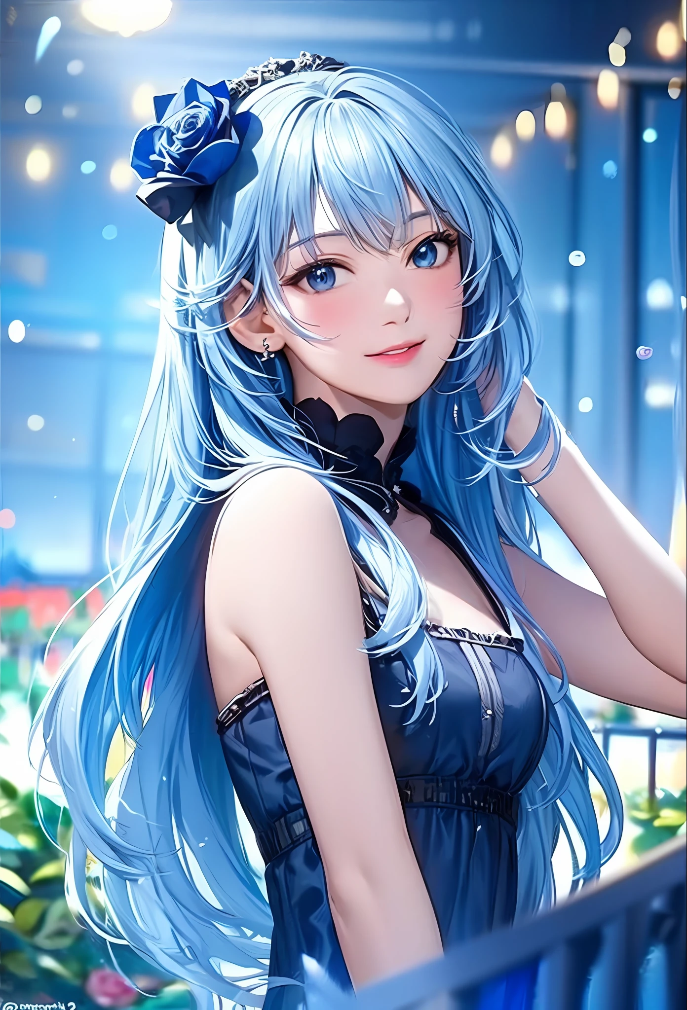 (8k, top quality, masterpiece: 1.2), (realistic, photorealistic: 1.37), super detailed, girl alone, cute, solo, midnight, beautiful detailed sky, detailed café, sitting, dating, (blush), (smile: 1.15), small breasts (mouth closed), beautiful fine eyes, floating hair NovaFrogStyle, back open dress, blue rose accessories, Blue rose on background