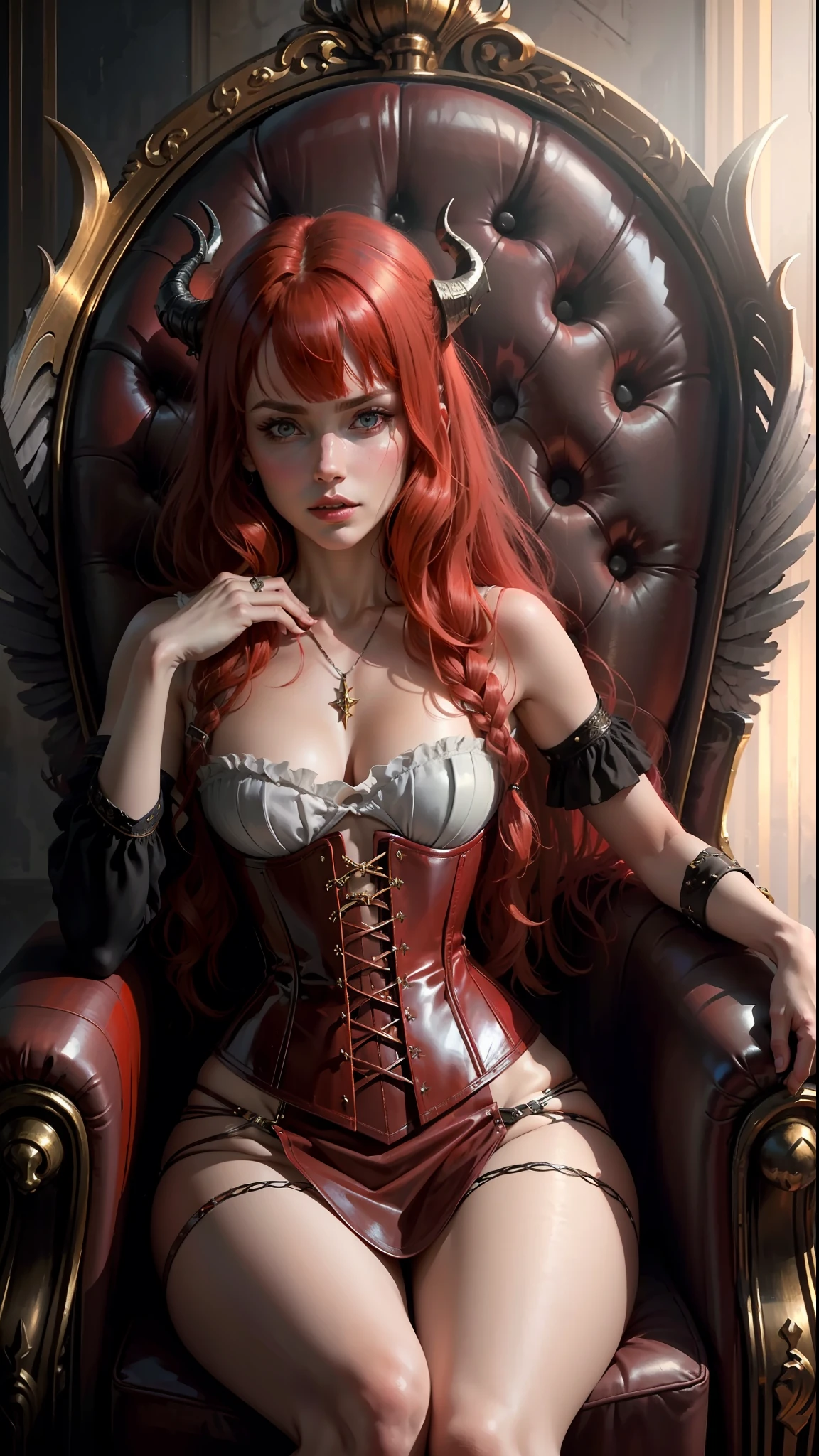 ((Best quality)), ((masterpiece)), (highly detailed:1.3),a woman long red hair, bangs, demon queen sitting on the throne horns wings corset of extremely brave leather
