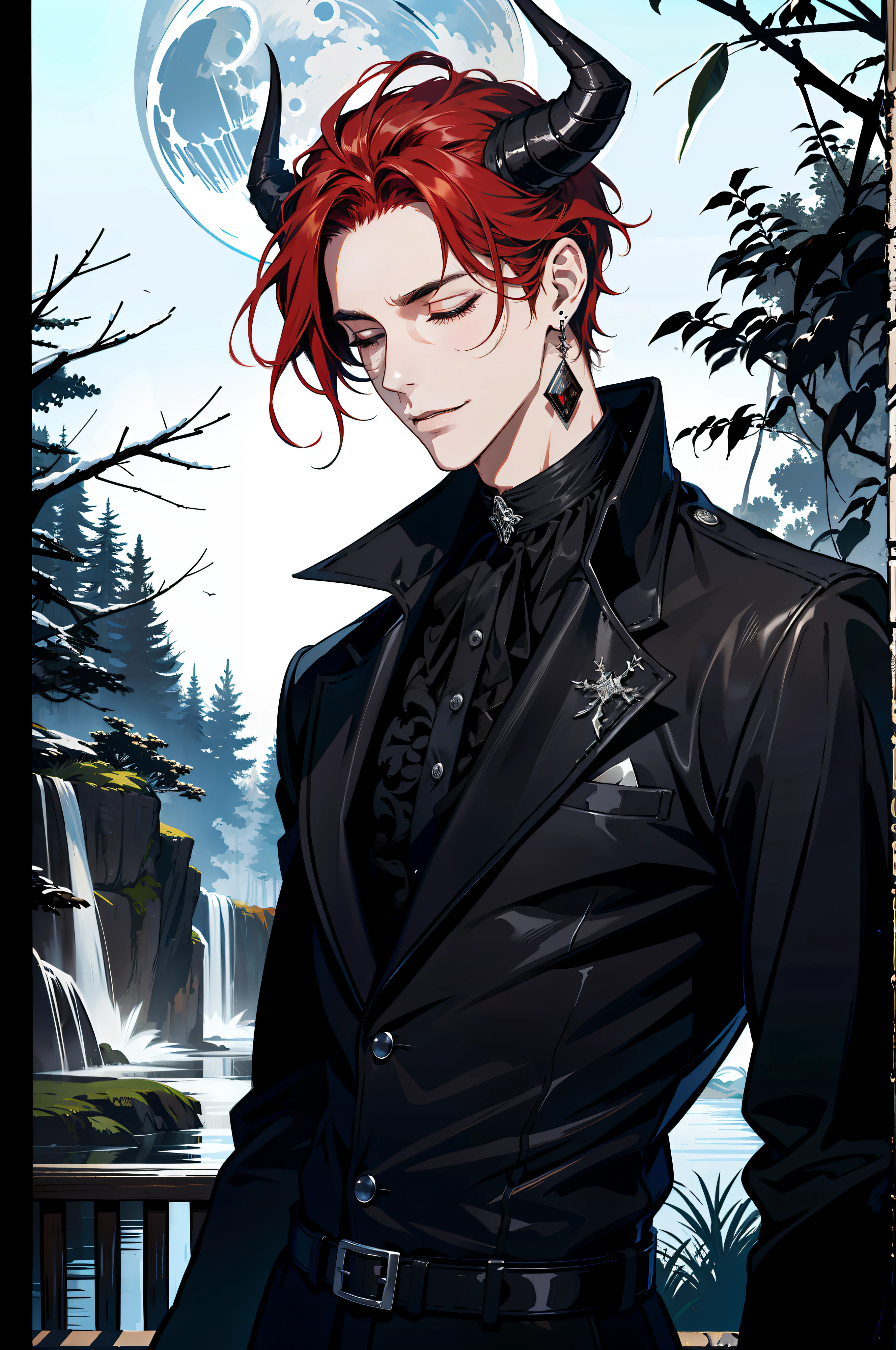 (absurdres, highres, ultra detailed), 1 male, adult, handsome, tall guy, broad shoulders, finely detailed eyes and detailed face, black leather clothes, night, smile, dutch angle, little long red hair, moon, forest, black horns in his head, silver details, earrings, black chocker, gothic, dark, heterochromia, open mouth, closed eyes