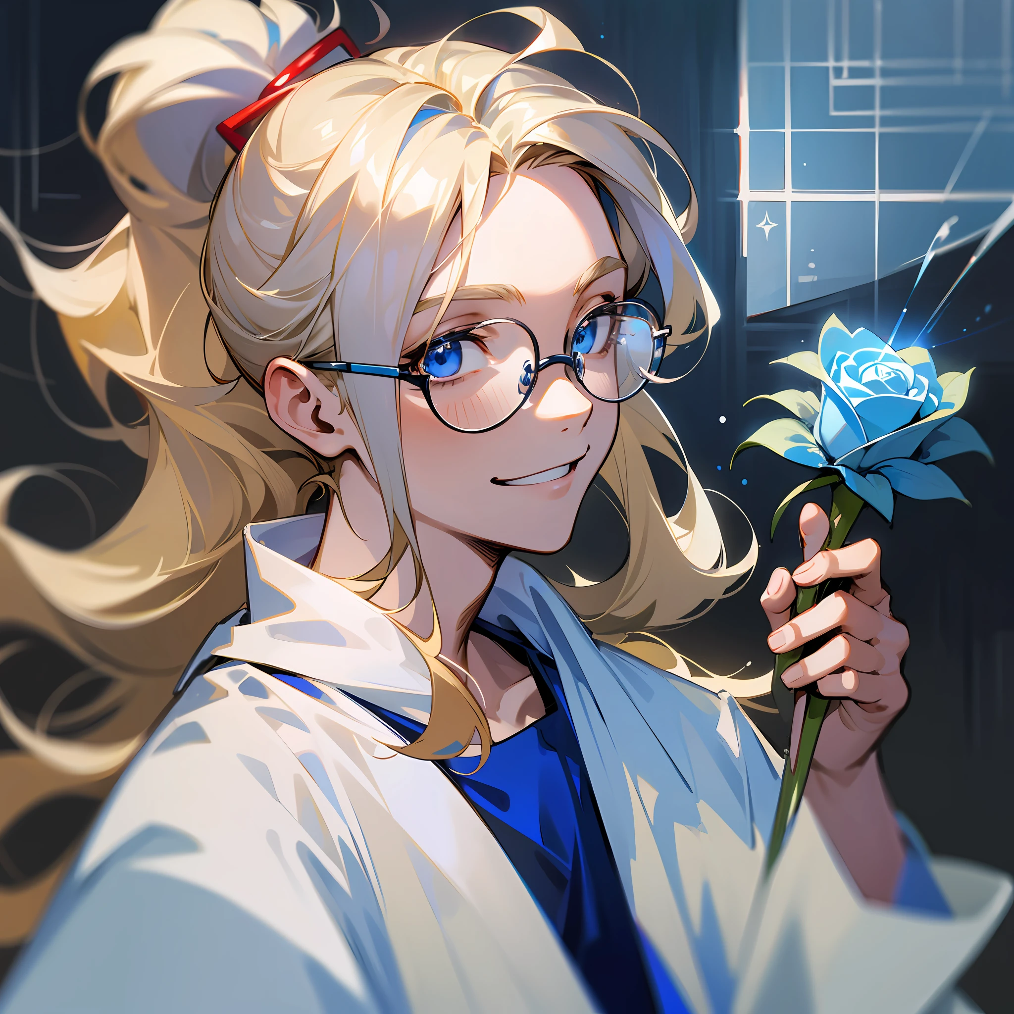 1 guy, expressive face, blond, long hair, hair in a ponytail, no bangs, curls, blue eyes, glasses, scientist, blue t-shirt, white robe, expressive look, smiling, illuminated, dreamy, holding a red rose, looking at the viewer