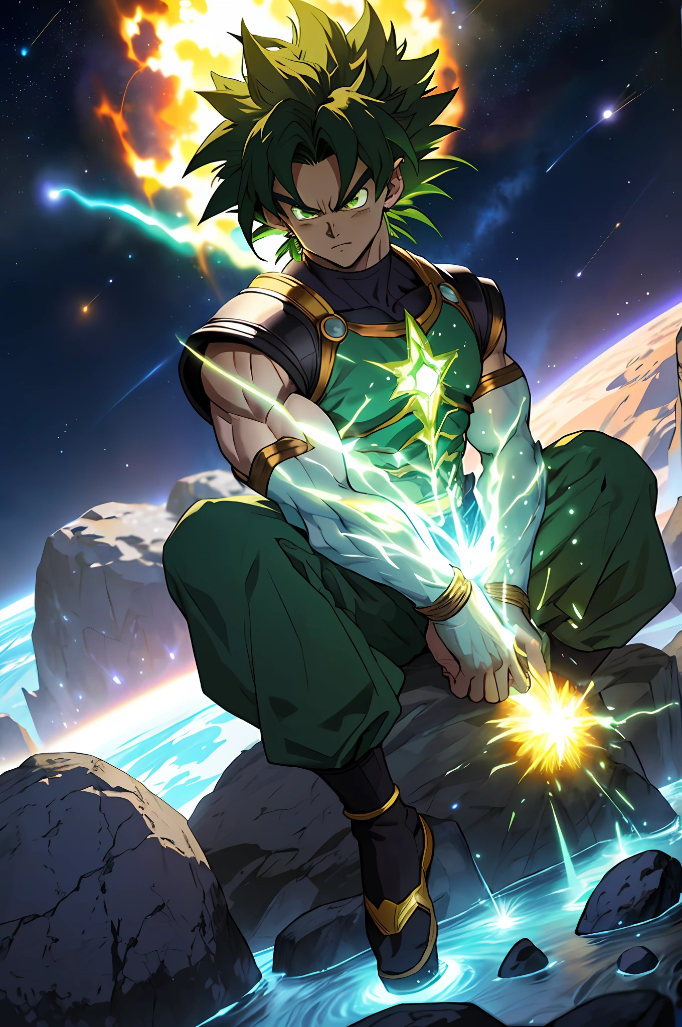 Draw a young Broly sitting on a rock in the middle of an asteroid belt. He's wearing green saiyan armor. It is surrounded by several exploding asteroids glowing with auras of fire. The dramatic illumination of distant stars and explosions illuminates the scene, casting deep shadows on the costume. The young man looks confident and angry, looking at the vast and mysterious universe with admiration and respect.