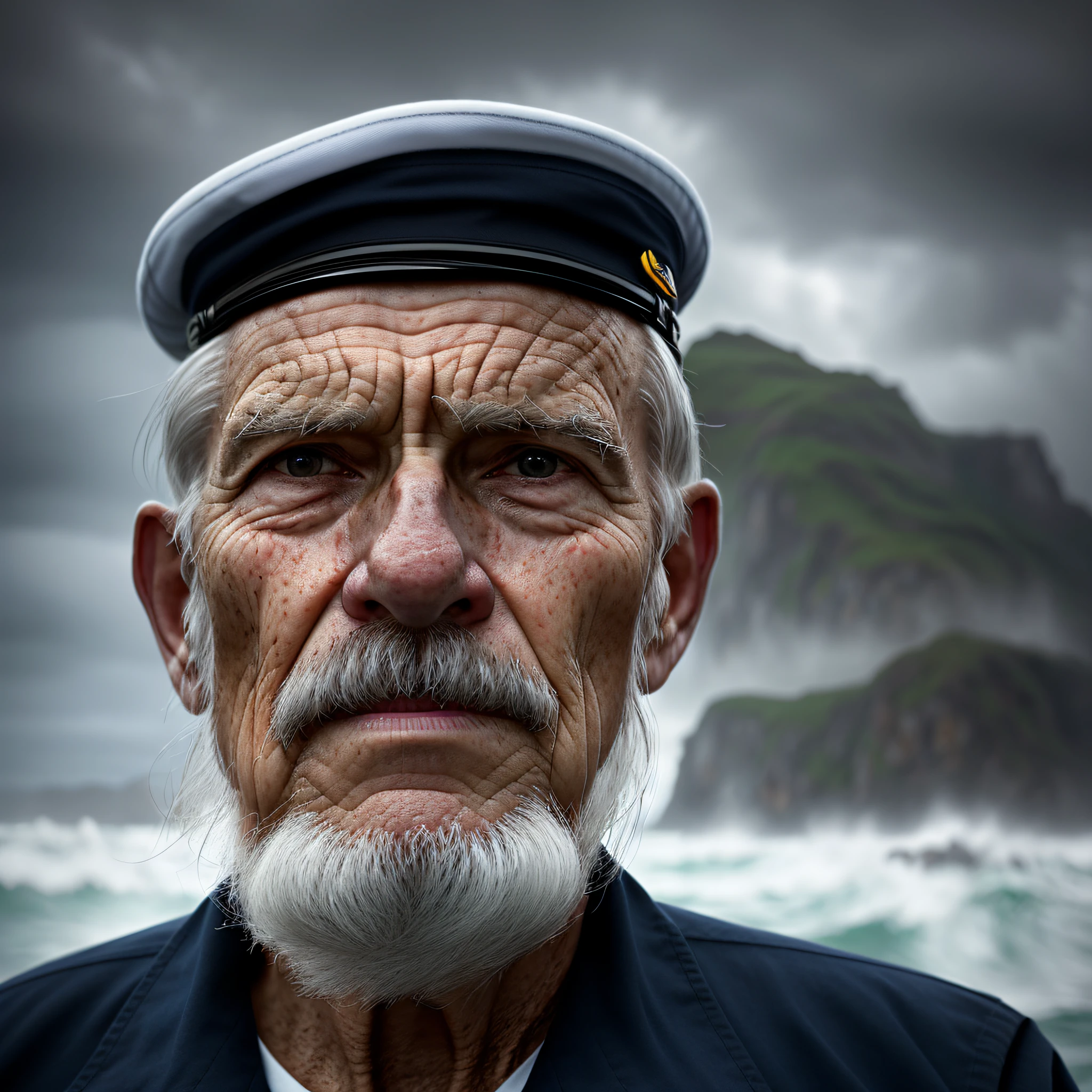 Award-winning portrait photo of an older gray sailor in uniform, with wrinkles on face, ocean, waves, mountain cliff with crashing waves, stormy, sinister, evil, (backlighting: 1.3), digital painting, concept art, smooth, sharp focus, rule of thirds, dark fantasy, intricate details, mid-plane