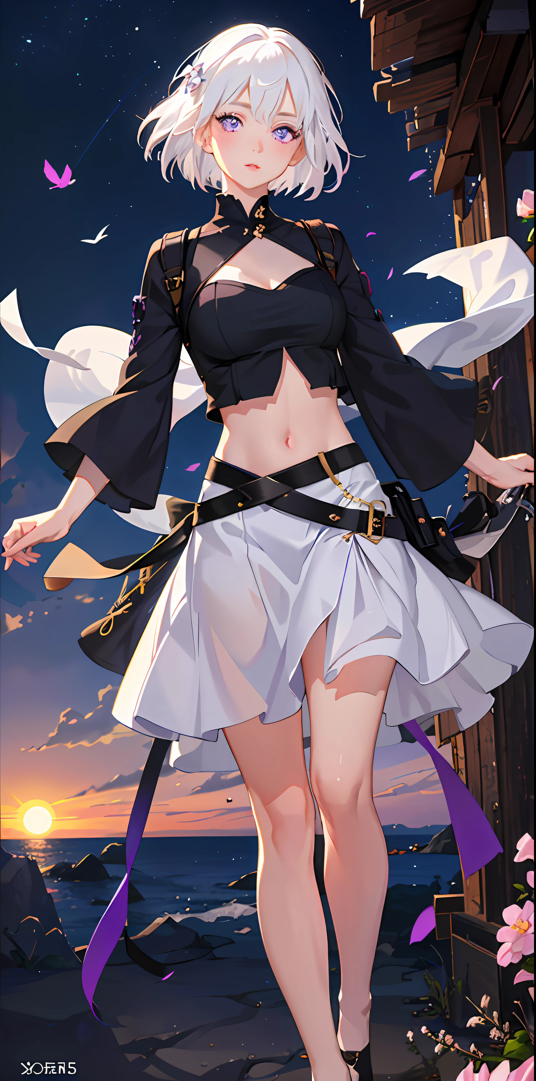 realistic, 1girl, white hair, purple eyes, glowing eyes, crop top, skirt, parted lips, blush, night, flowers, sun, sunlight,