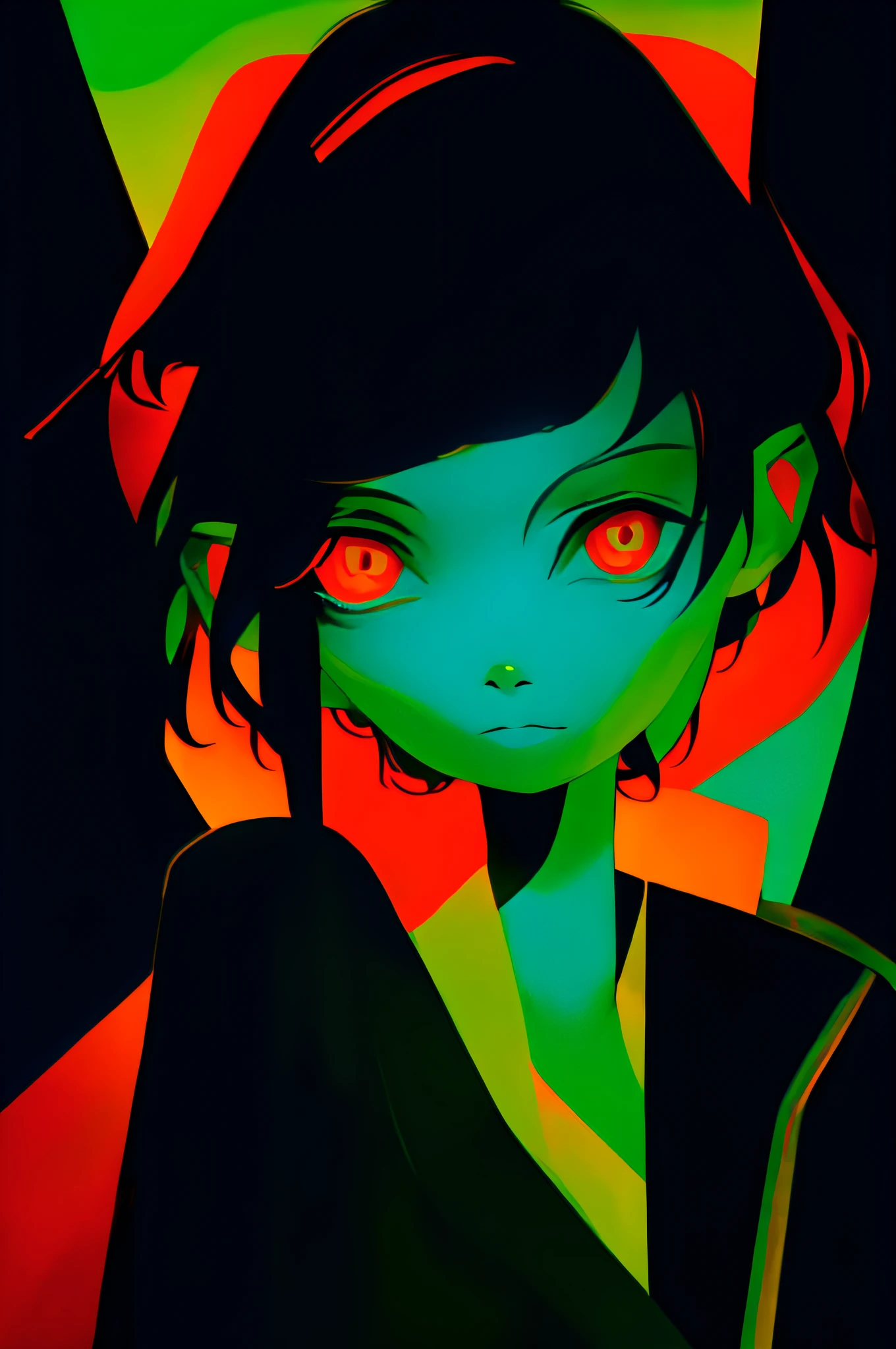 Polychrome, 1girl, night, dark, black hair, looking at viewer, upper body, facing viewer, limited palette, black background, glowing,