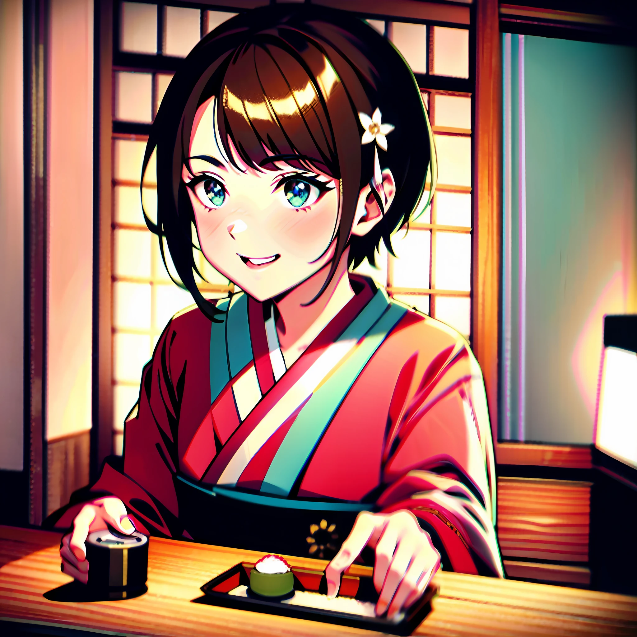 Color photo of Oozora Subaru in Japan, specifically in Osaka, sitting at a traditional Japanese restaurant, enjoying sushi with a look of pure delight on her face. The background is a beautiful view of the great mountains of Japan, with the bright pink sakura blossoms surrounding her. She is dressed in a traditional Japanese outfit, with her hair styled elegantly and adorned with a sakura hairpin. The lighting is perfect, casting a soft glow on her face and highlighting her highly detailed features, including her sparkling eyes, which are full of joy. The shot captures her in a moment of pure happiness, savoring the delicious sushi in front of her. Camera settings include a high-end Sony mirrorless camera with a fast prime lens and high-speed color film, which captures the intricate details of the sakura blossoms and the delicious sushi. Directors, cinematographers, photographers, and fashion designers that would unlikely collaborate but would juxtapose uniquely include Hayao Miyazaki, Emmanuel Lubezki, Annie Leibovitz, and Yohji Yamamoto. —c 10 —ar 2:3