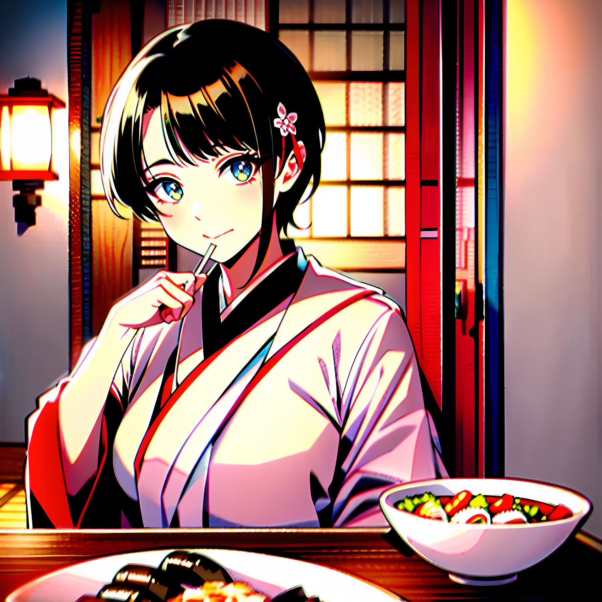 Color photo of Oozora Subaru in Japan, specifically in Osaka, sitting at a traditional Japanese restaurant, enjoying sushi with a look of pure delight on her face. The background is a beautiful view of the great mountains of Japan, with the bright pink sakura blossoms surrounding her. She is dressed in a traditional Japanese outfit, with her hair styled elegantly and adorned with a sakura hairpin. The lighting is perfect, casting a soft glow on her face and highlighting her highly detailed features, including her sparkling eyes, which are full of joy. The shot captures her in a moment of pure happiness, savoring the delicious sushi in front of her. Camera settings include a high-end Sony mirrorless camera with a fast prime lens and high-speed color film, which captures the intricate details of the sakura blossoms and the delicious sushi. Directors, cinematographers, photographers, and fashion designers that would unlikely collaborate but would juxtapose uniquely include Hayao Miyazaki, Emmanuel Lubezki, Annie Leibovitz, and Yohji Yamamoto. —c 10 —ar 2:3