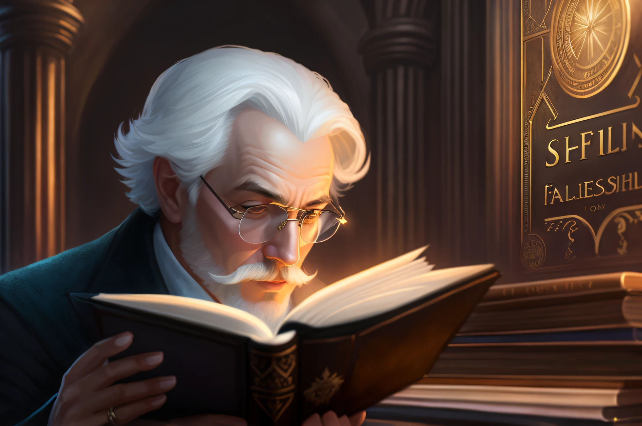 there is a man reading a book in a room, rpg book portrait, fantasy rpg book illustration, fantasy book illustration, portrait of professor sinister, alchemist library background, epic portrait illustration, stanely artgerm, book portrait, wizard sits reading at a desk, science fantasy painting, inspired by Tim and Greg Hildebrandt, the librarian, inspired by Greg Hildebrandt --auto --s2