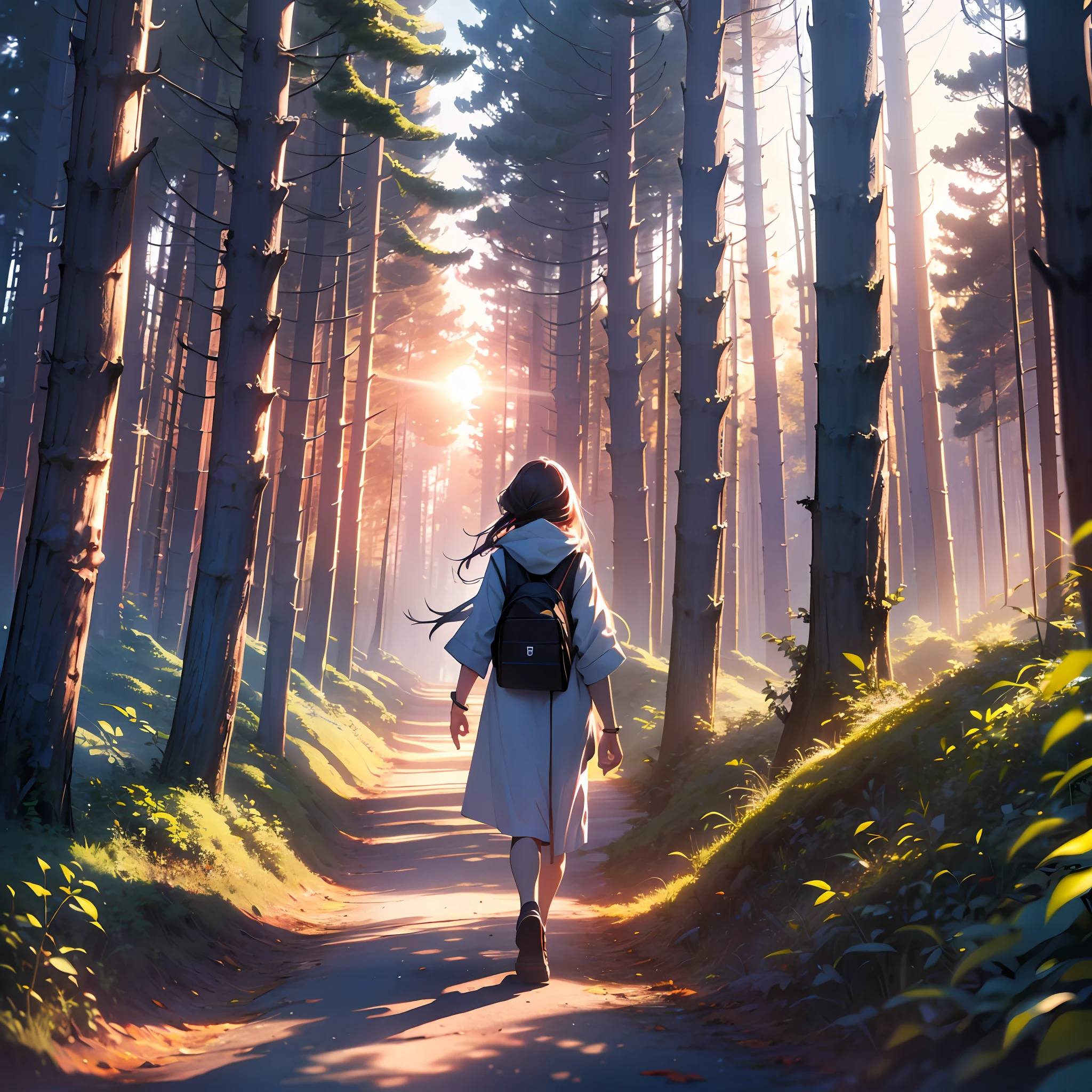 Create an image with a girl walking towards a forest with a sunset and she with her hand sighting the forest --auto --s2