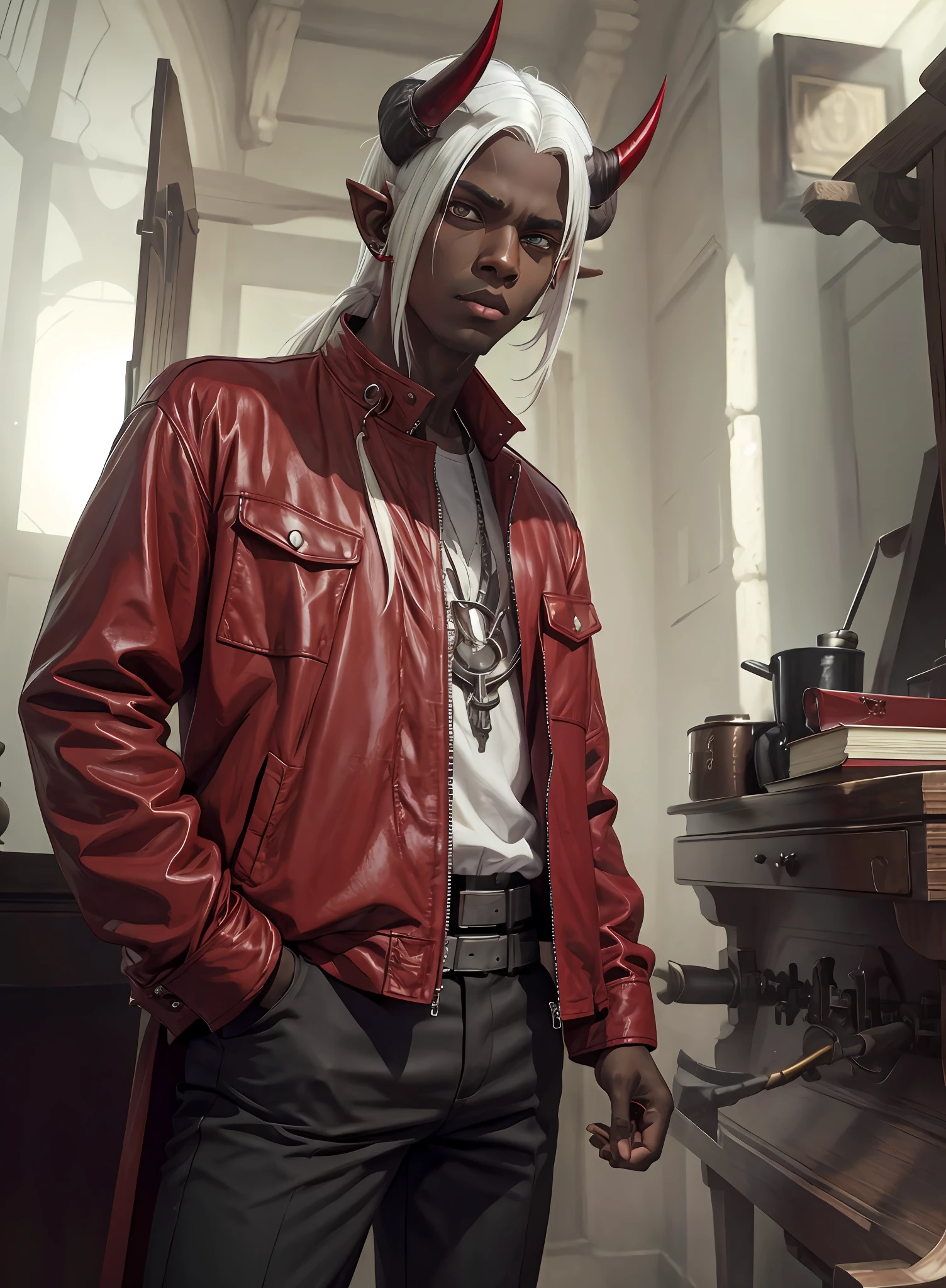 Demon boy, straight white hair, brown skin,Realistic,4k, black shirt, red jacket, pointy ears