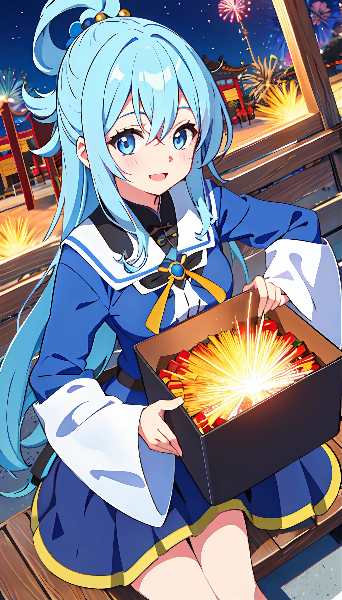 1girl_aqua_konosuba, looking at the viewer, smile, closed mouth, open mouth, dark blue eyes, long light blue hair, happy BREAK Chinese building, East Asian architecture, forbidden palace, square, square, road, flags, (fireworks, aerial fireworks: 1.2),