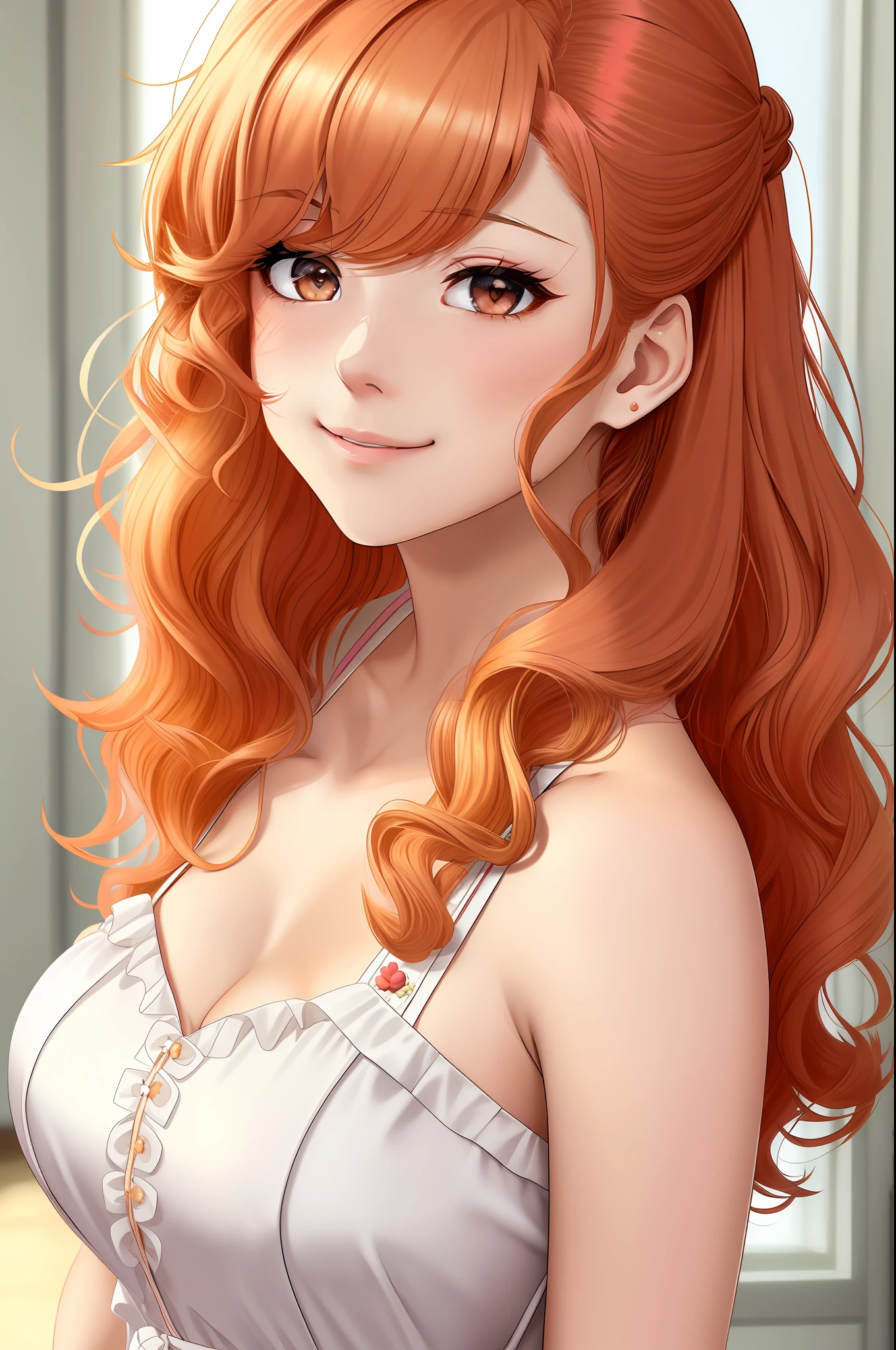 girl, bishoujo, English, masterpiece, solo, hair over shoulder, red hair, blonde hair, disheveled hair, curly_hair, wavy hair, beautiful detailed eyes, looking at viewer, light smile, brown eyes, medium breasts, wedding_dress, arms behind back , highres, comic,