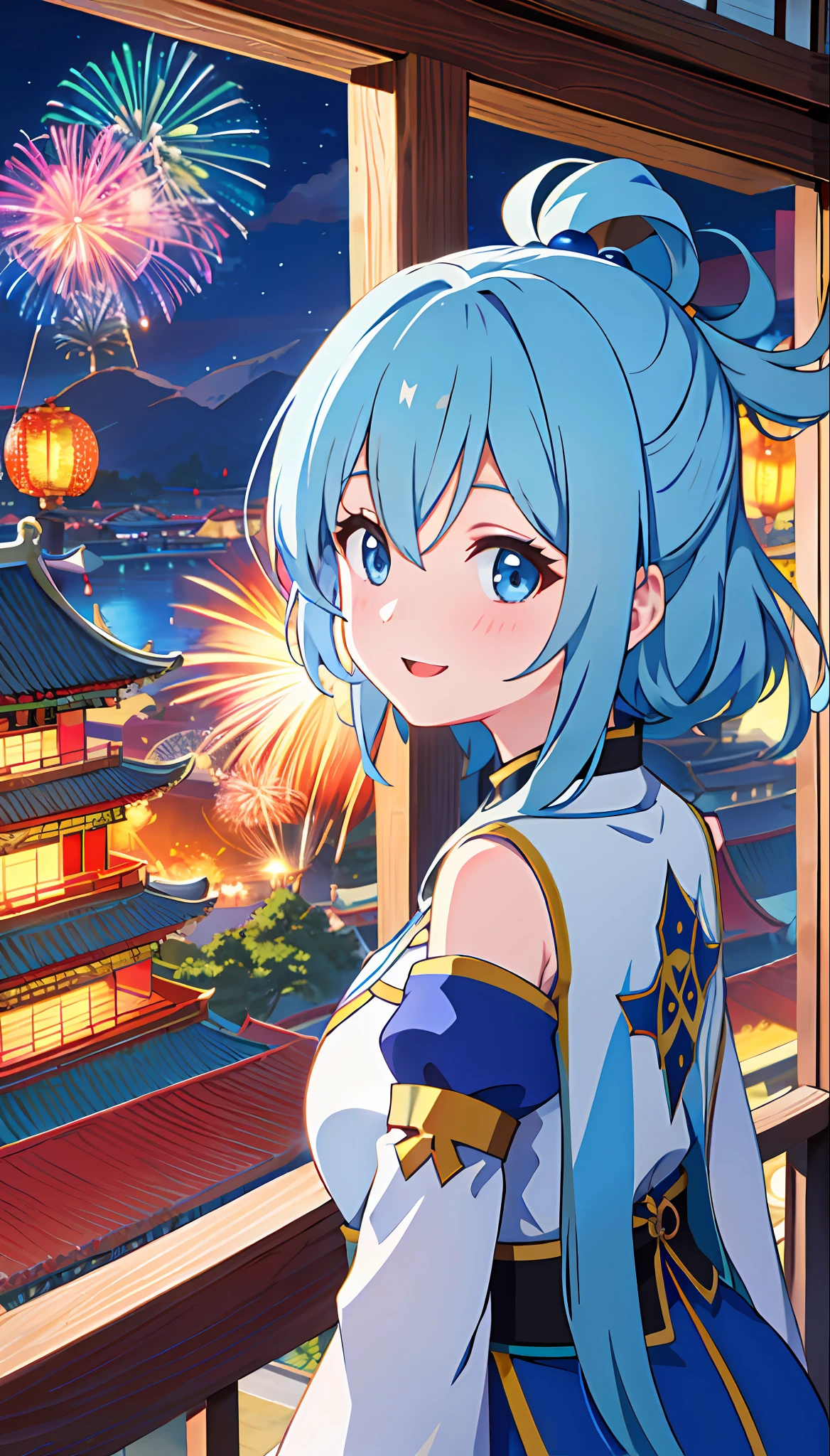1girl_aqua_konosuba, looking at the viewer, smile, closed mouth, open mouth, dark blue eyes, long light blue hair, happy BREAK Chinese building, East Asian architecture, forbidden palace, square, square, road, flags, (fireworks, aerial fireworks: 1.2),