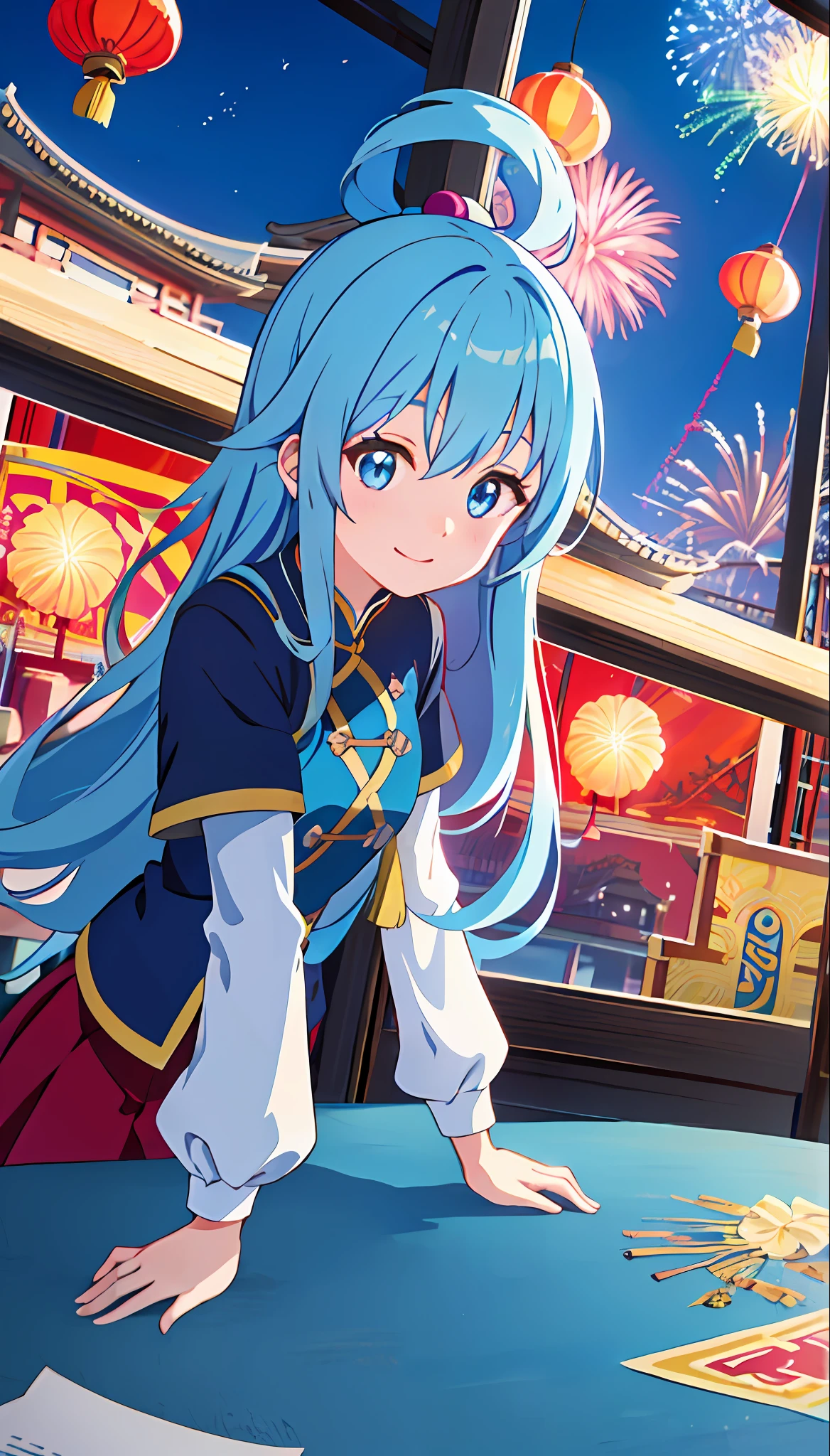 1girl_aqua_konosuba, looking at the viewer, smile, closed mouth, open mouth, dark blue eyes, long light blue hair, happy BREAK Chinese building, East Asian architecture, forbidden palace, square, square, road, flags, (fireworks, aerial fireworks: 1.2),
