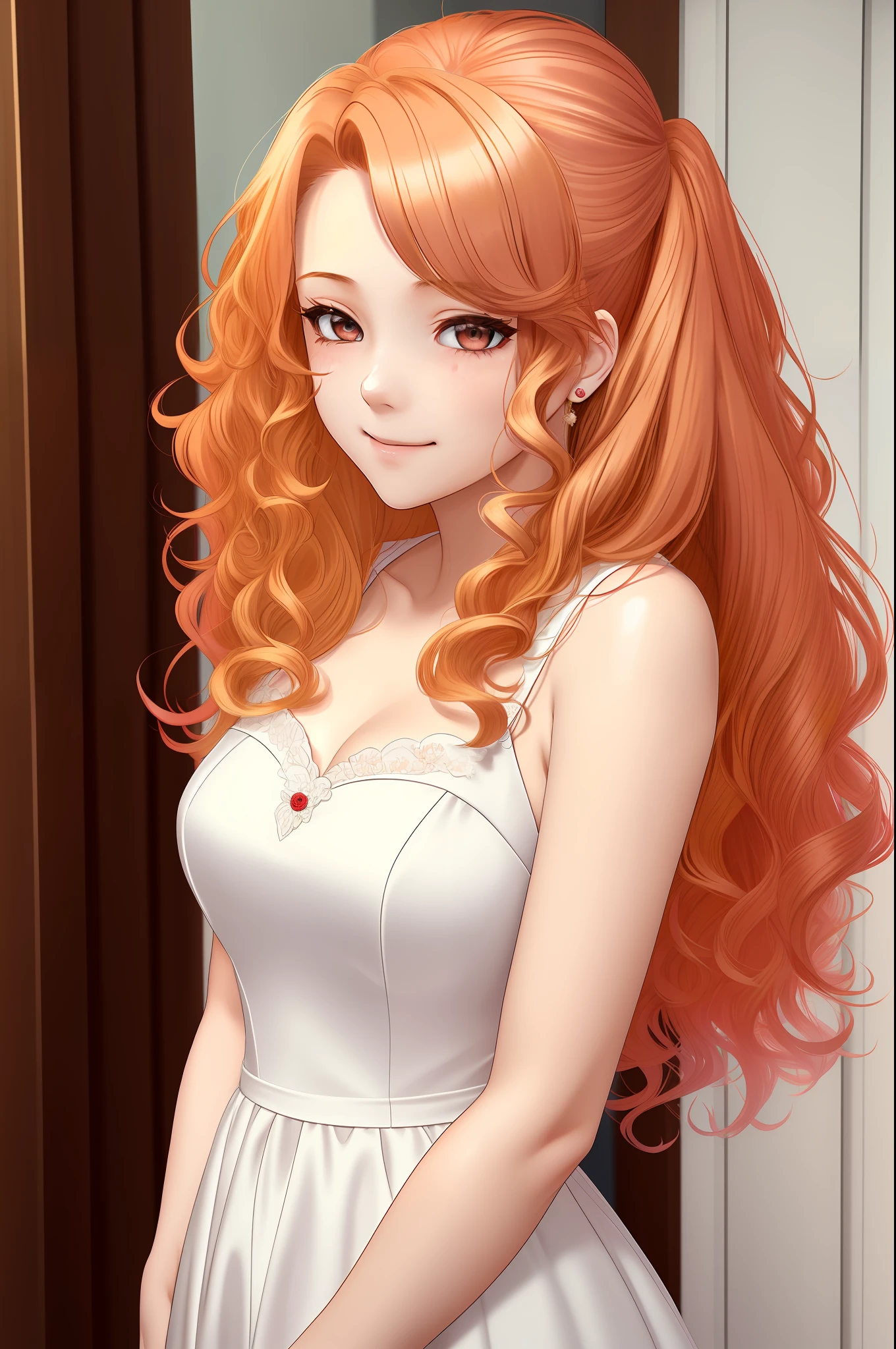 girl, bishoujo, English, masterpiece, solo, hair over shoulder, red hair, blonde hair, disheveled hair, curly_hair, wavy hair, beautiful detailed eyes, looking at viewer, light smile, brown eyes, medium breasts, wedding_dress, arms behind back , highres, comic,