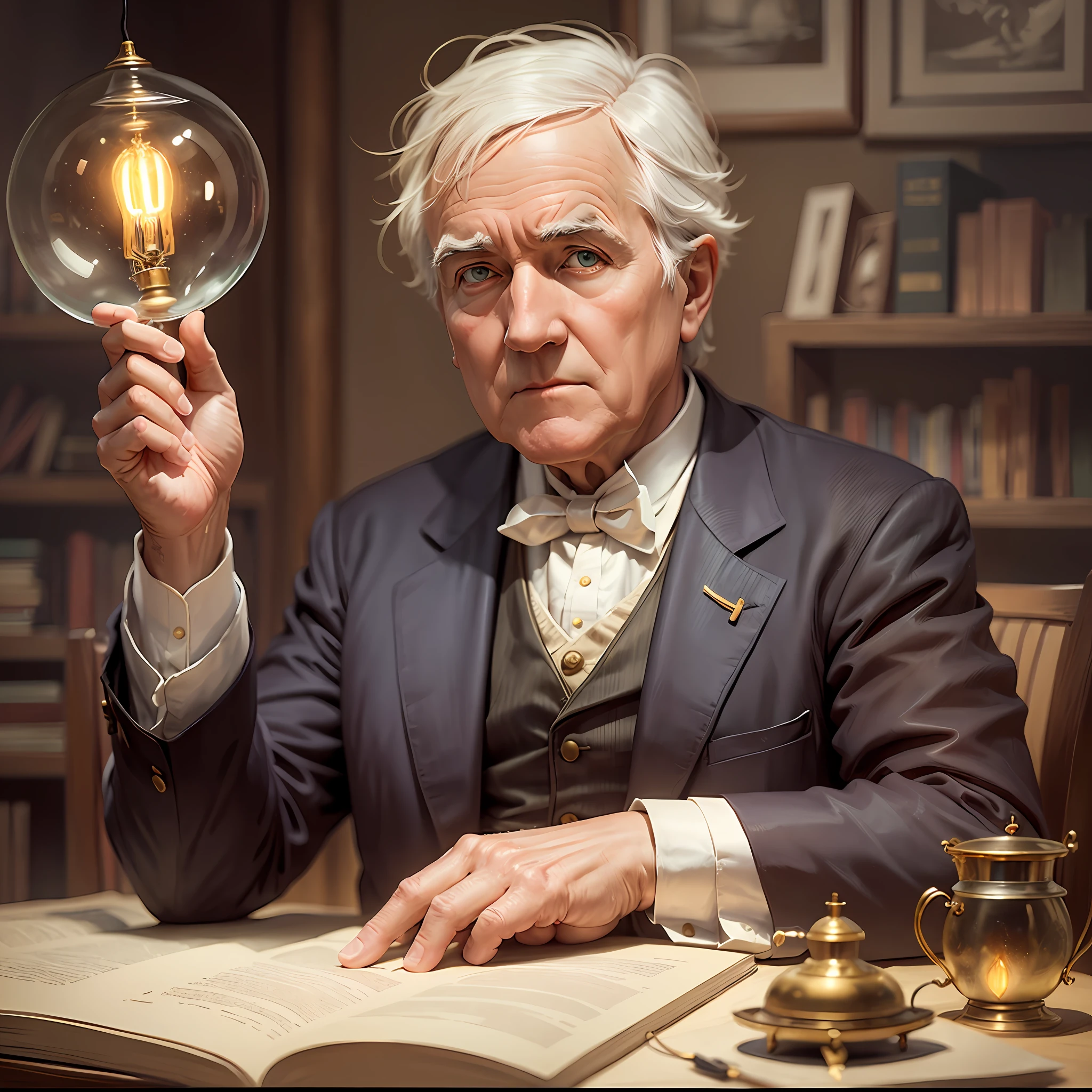 inventor of the lamp, Thomas Edison, Portrait, looking at the lamp lit in his hand, five fingers on his hands --auto --s2