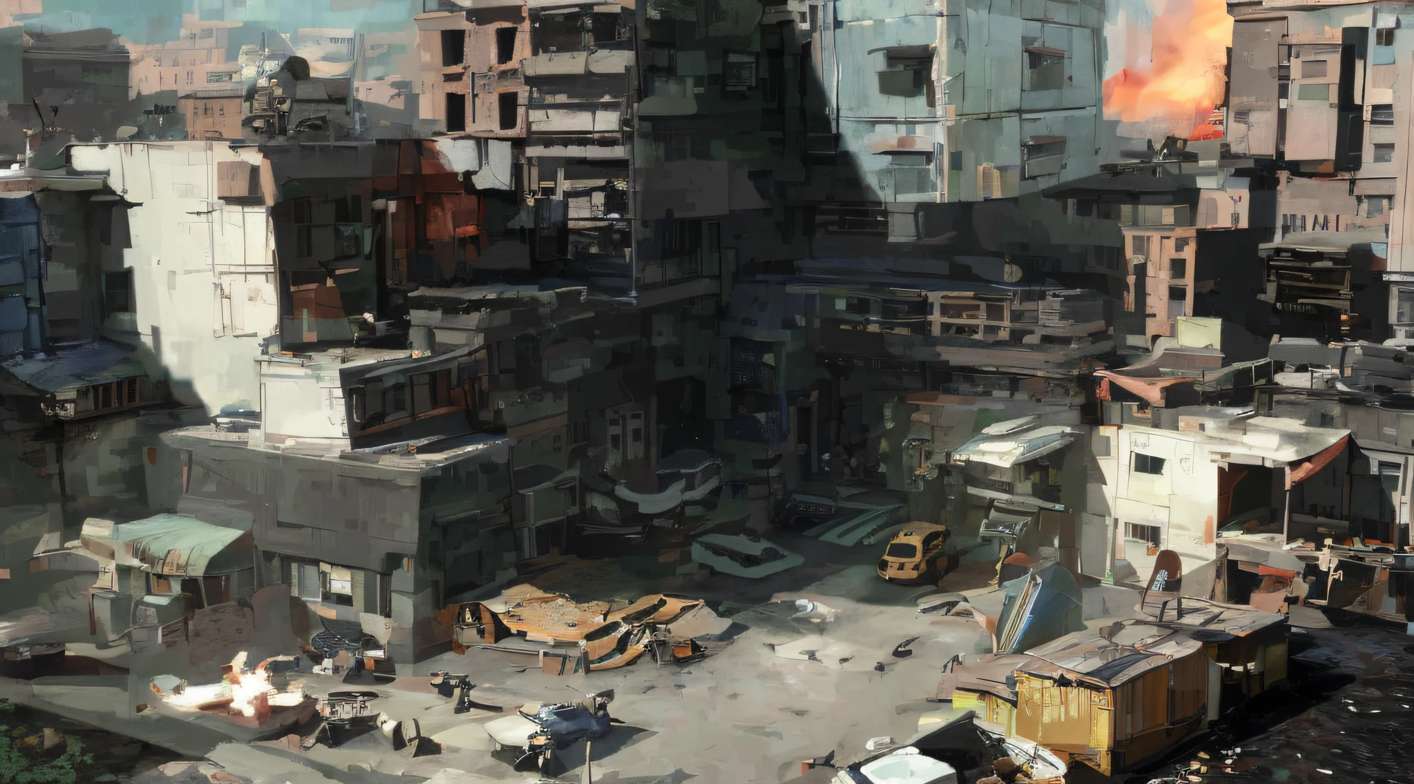 Resident Evil, buildings stacking dirty cyberpunk cities, highly realistic concept art, painting concept art,