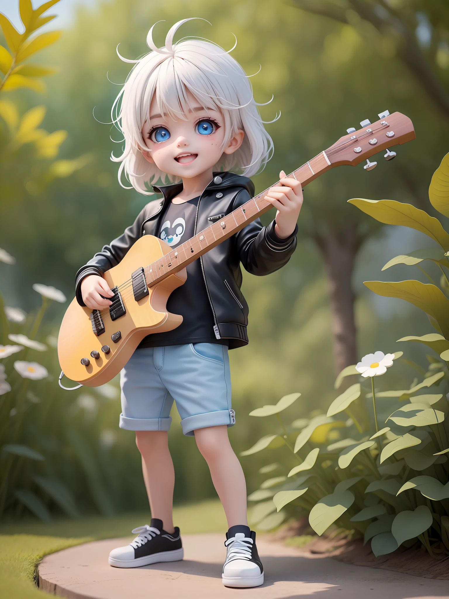 (Masterpiece), (Best Quality), (Super Detail), (Full Body: 1.2), One Boy, Chibi, Cute, Smile, Open Mouth, Outdoors, Play Electric Guitar, Music, Have a Guitar, Leather Jacket, Blushing Seal, Wood, : 3, Shirt, Long Bangs, Messy Hair, Short Back Hair, Long Sideburns, White Hair, Light Blue Eyes, Luminous Eyes, (Beautiful Detailed Face), (Beautiful Detailed Eyes), Blur.