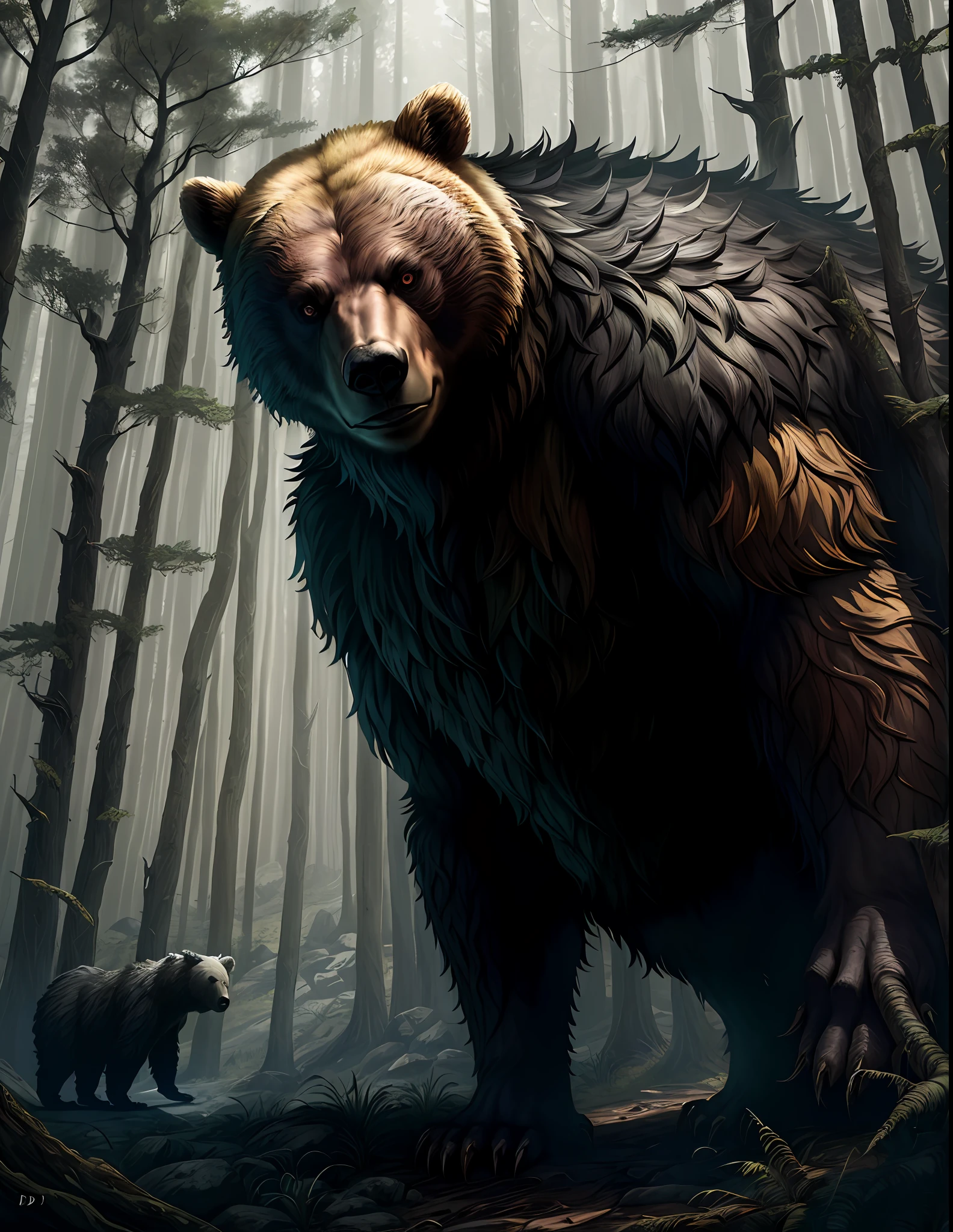 masterpiece, best quality, D + D style,
A scary bear, forest, detailed and intricate environment, highly detailed, 4K,