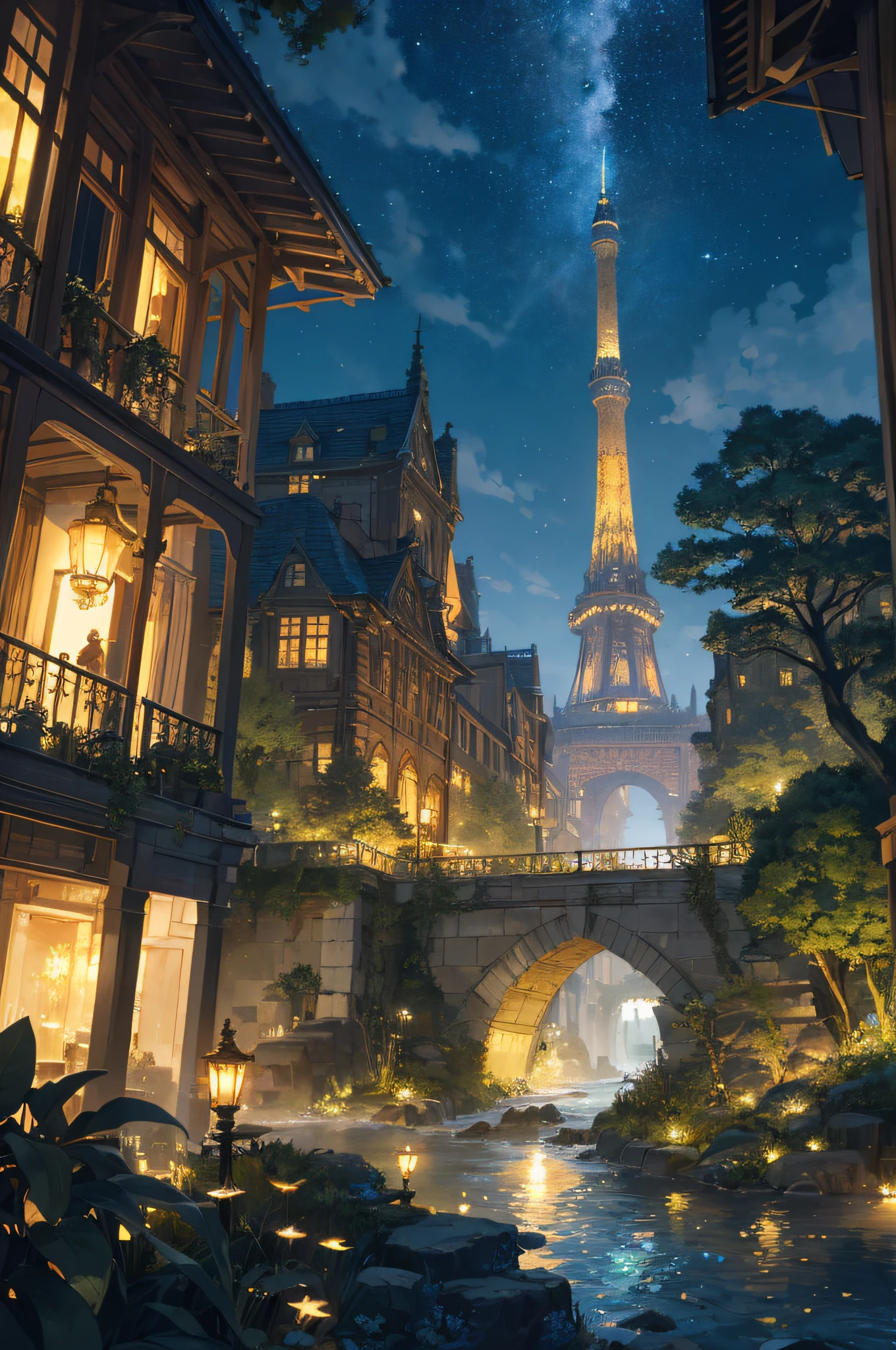 As twilight covers the kingdom, the heavens come alive with a heavenly spectacle. Countless stars twinkle like twinkling diamonds, their ethereal glow projecting a soft illumination over the landscape. The moon, radiant and full, bathes everything in a soft silver light, accentuating the enchantment that lies within.
At the center of the composition is a majestic mechanical frog – a testament to artistic and engineering prowess. Crafted with meticulous detail, its metallic frame glows in the moonlight, adorned with ornate patterns and intricate engravings. Gears and mechanisms intertwine perfectly, bringing the creature to life with graceful movements.
Perched atop the frog's rugged back rests a miniature city, a mesmerizing marvel of human innovation and imagination. Towering skyscrapers adorned with neon lights reach to the skies, their vibrant hues painting the night sky with a kaleidoscope of colors. Small windows twinkle like stars, revealing glimpses of the bustling activity on the city's vibrant streets.
As the mechanical frog traverses the landscape, its footsteps create a gentle rhythmic hum that reverberates through the air – a symphony of wonder and possibility. Each jump is a delicate dance, leaving behind a trail of bright stardust that flickers like a celestial path, guiding the frog and its extraordinary cargo.
The surrounding environment is a harmonious blend of nature and fantasy. Lush vegetation and blooming flowers bloom under the soft gaze of the moon, their petals embracing the night with delicate fragrances. Majestic trees, their branches adorned with luminescent moss, rise sentinels, casting surreal shadows over the landscape.
A meandering river meanders through the scene, its waters mirroring the starry spectacle above. It whispers secrets as it flows, weaving a tale that only those who listen closely can understand. Along its banks, fireflies illuminate the darkness