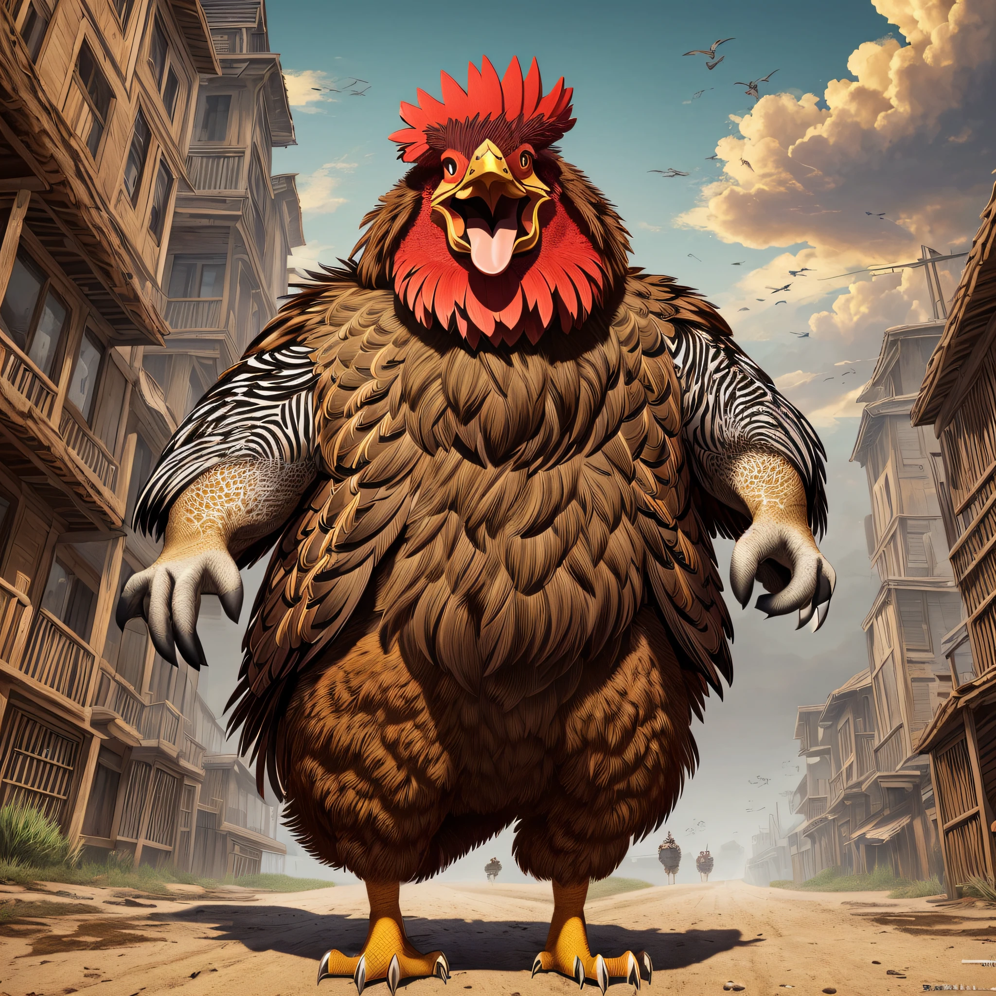 ((best quality)), ((ultradetailed)), ((masterpiece)), illustration, theme: animal mafia, animal: angry rooster, build: very fat big comb big wattles open arms wearing: jacket, expression: fierce, screaming, period view: looking forward 3/4, background: dark and sandy atmosphere, resolution: 8K --auto --s2