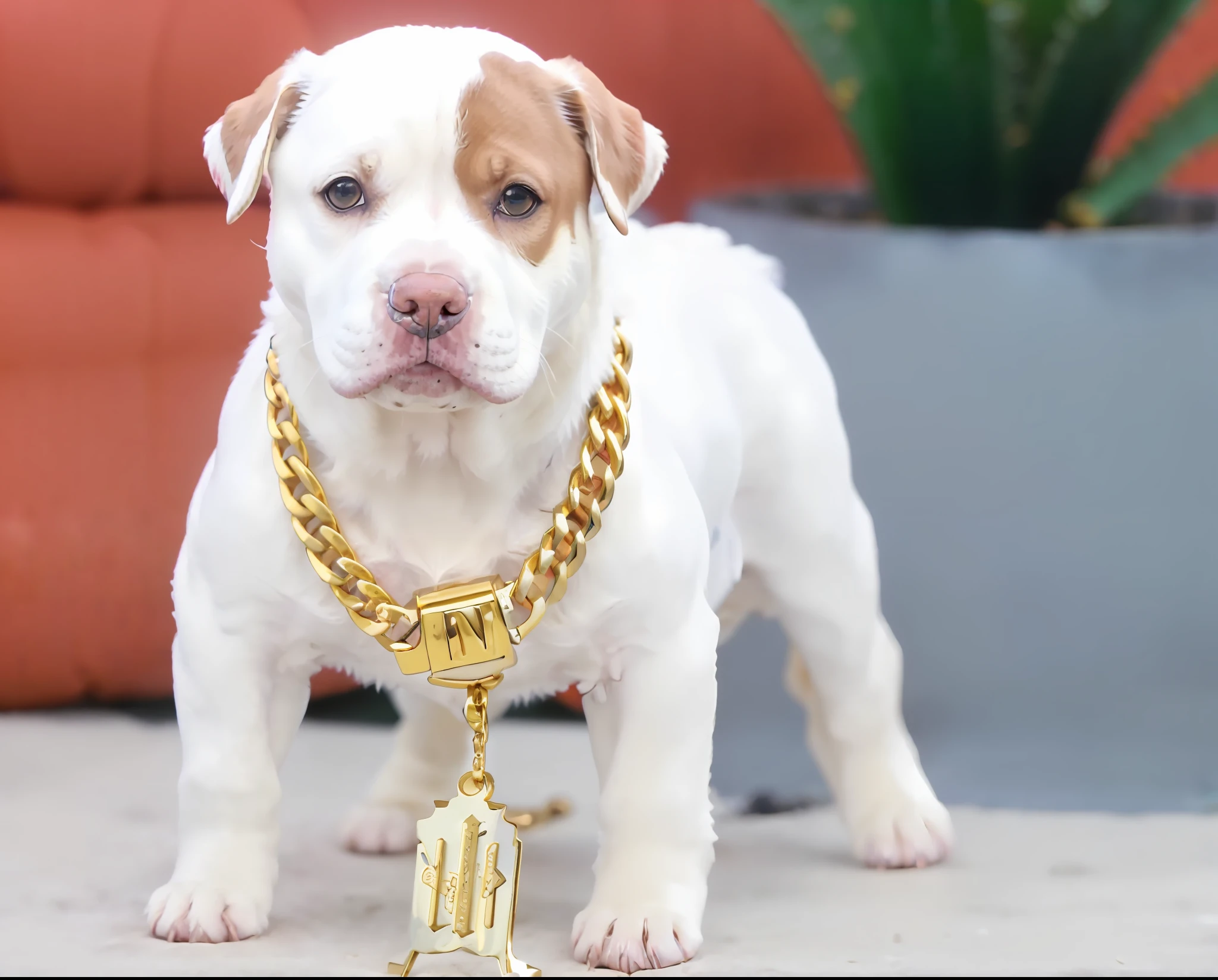 puppy with a gold chain around his neck, wearing a bandana and chain, cyborg - pitbull, pitbull, wearing a gold chain, bling rapper jewelry, pits, mad dog on a chain, detailed gold collar!!!, extremely handsome, with a white snout, white male, wearing gold chain, extremely beautiful, hyperdetailed!, gold chain, gold chains,  Very elegant a highly detailed full-body portrait image of high quality (photorealistic: 1.4) of a dog (cheerful and majestic:1.3) the third wearing one (Burger King Crown:1.2) and (ruler of all Hawaiian kingdoms:1.45) and cherished among all those who know him, background is lush Hawaiian palace lined with strips of bacon and golden challises,  gems, jewelry, pools, waterfalls, rainbow, Canon 5D, award-winning photography, soft bokeh, sharp focus, intricate details, UHD 4 k, cinematic lighting, vivid colors