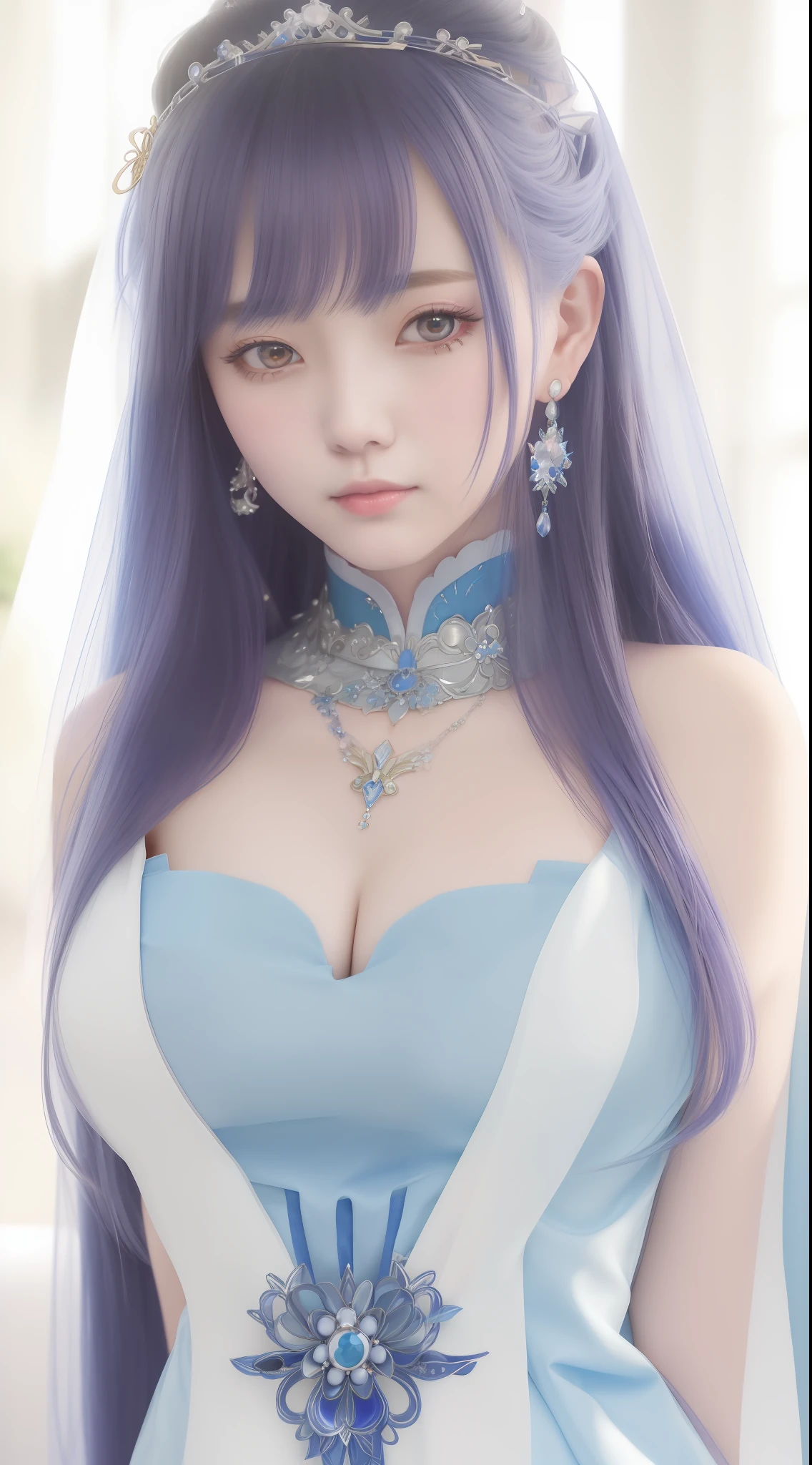 a close up of a woman wearing a blue dress and a tiable, beautiful alluring anime woman, japanese goddess, a beautiful fantasy empress, gorgeous chinese model, seductive anime girl, beautiful anime girl, beautiful anime woman, beautiful asian girl, ((a beautiful fantasy empress)), attractive anime girl, anime girl cosplay, beautiful maiden, korean girl, pale milky white porcelain skin