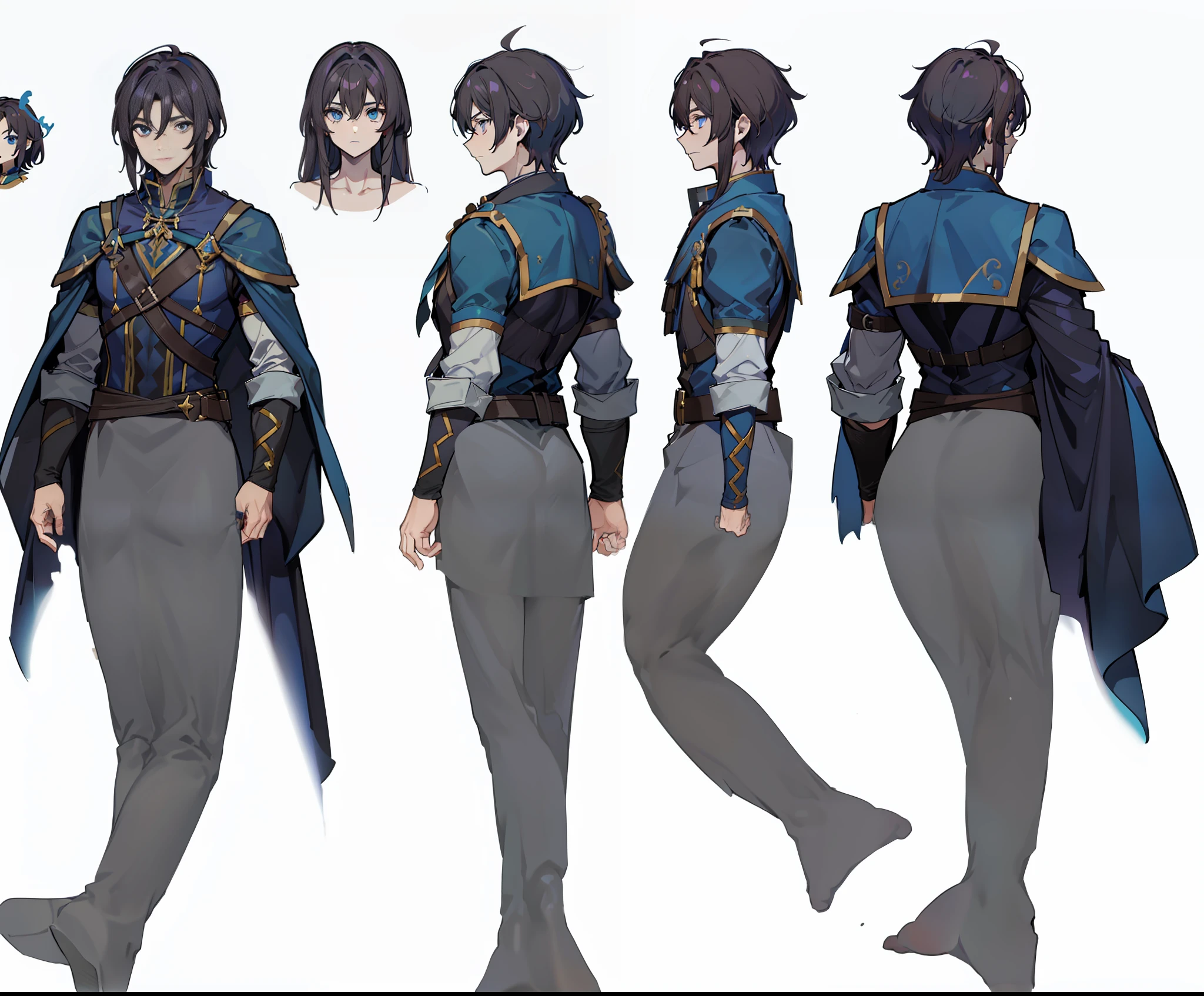 1man, reference sheet, (fantasy character design, front, back, side) mermaid, manly, mage, magic user, broad shoulders, tall, lean athletic build. magical blue eyes, lengthy dark brown hair, neatly kept. flowing runic robes.