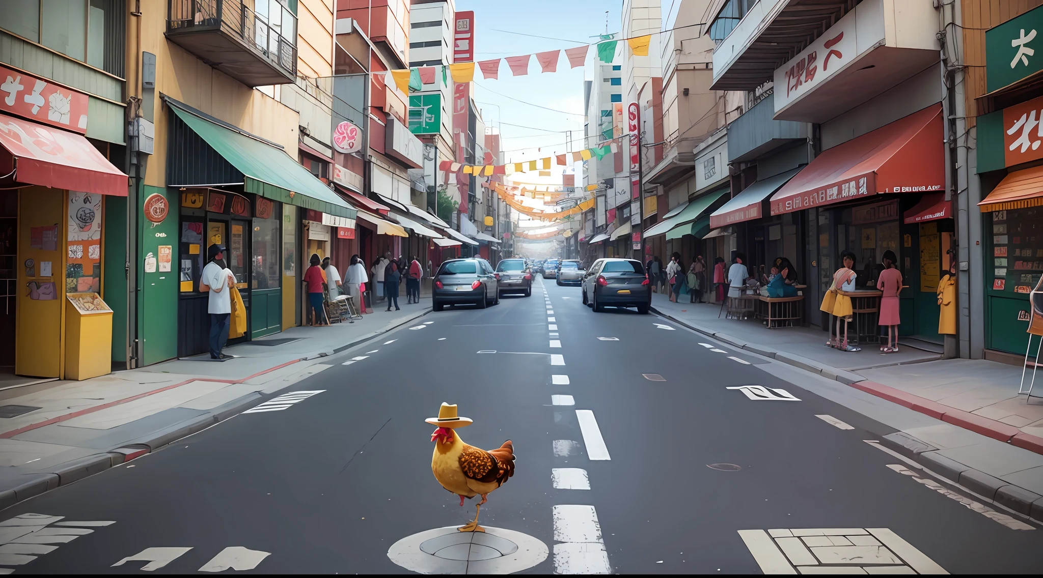 chicken with mexican sombrero hat, cartoon network animation, in tokyo street