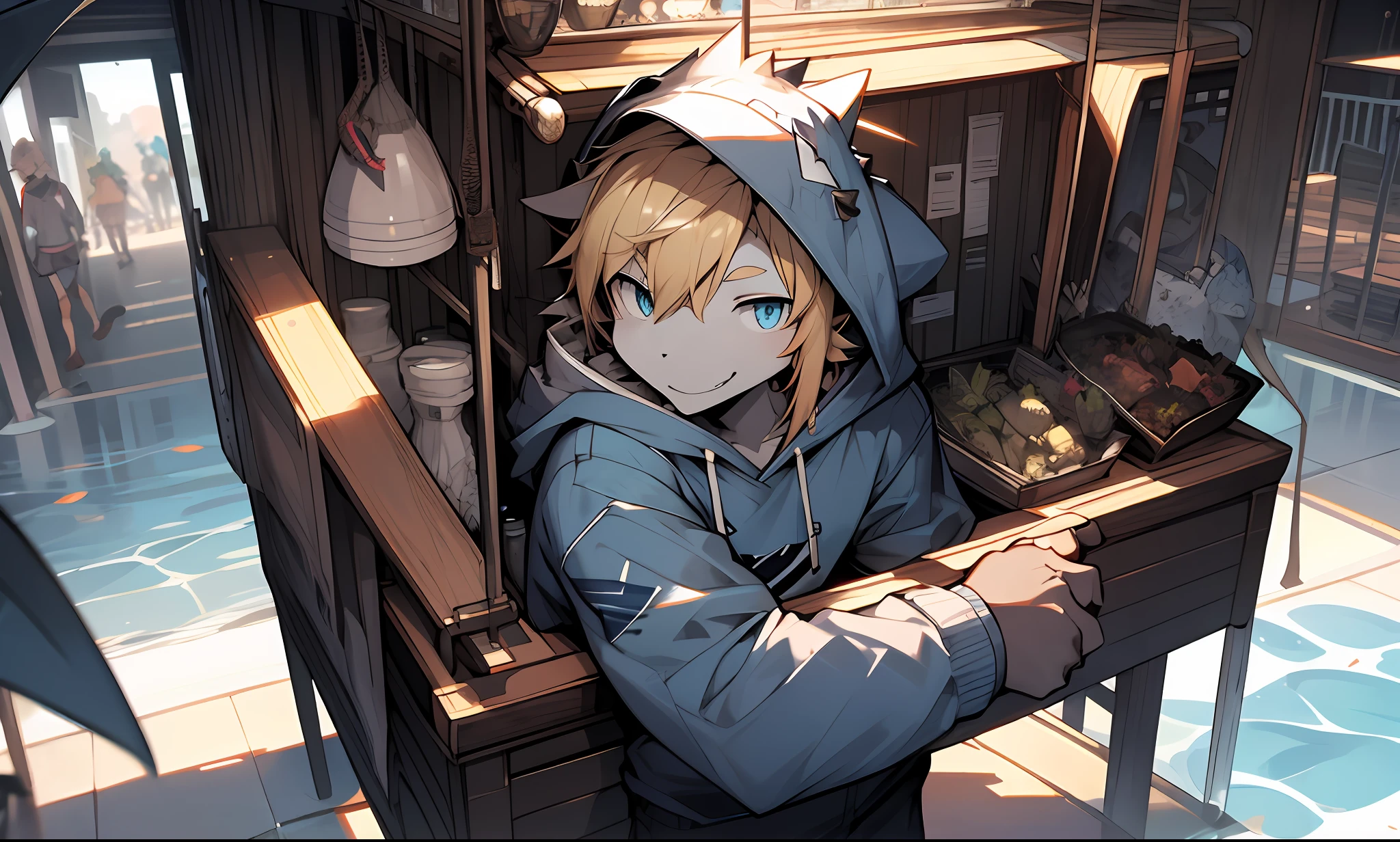 scalie,shark,male,blue and white skins,blonde hair,anthro animal,hoodie,navy blue eyes,smiling
